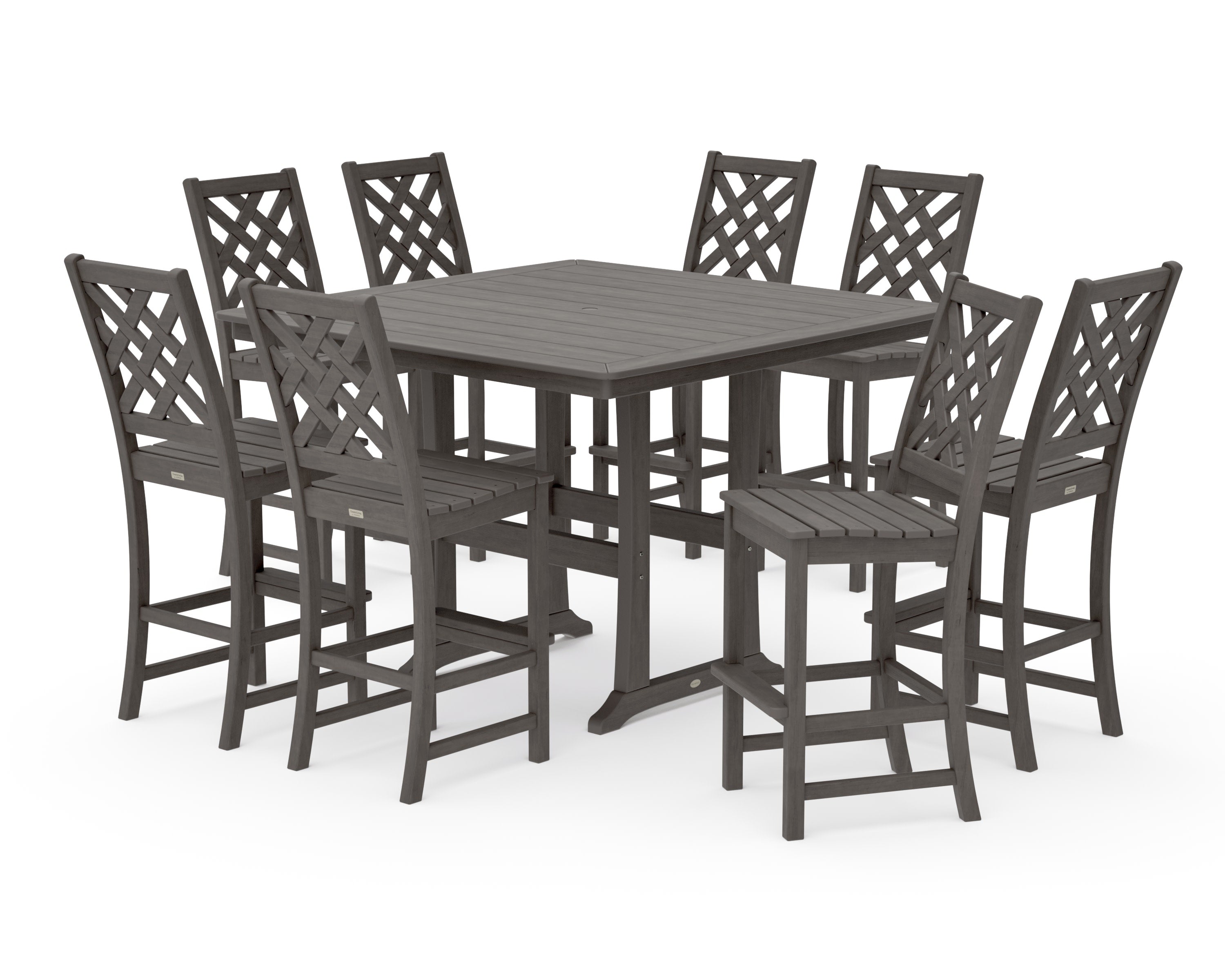Wovendale Side Chair 9-Piece Square Bar Set with Trestle Legs in Driftwood