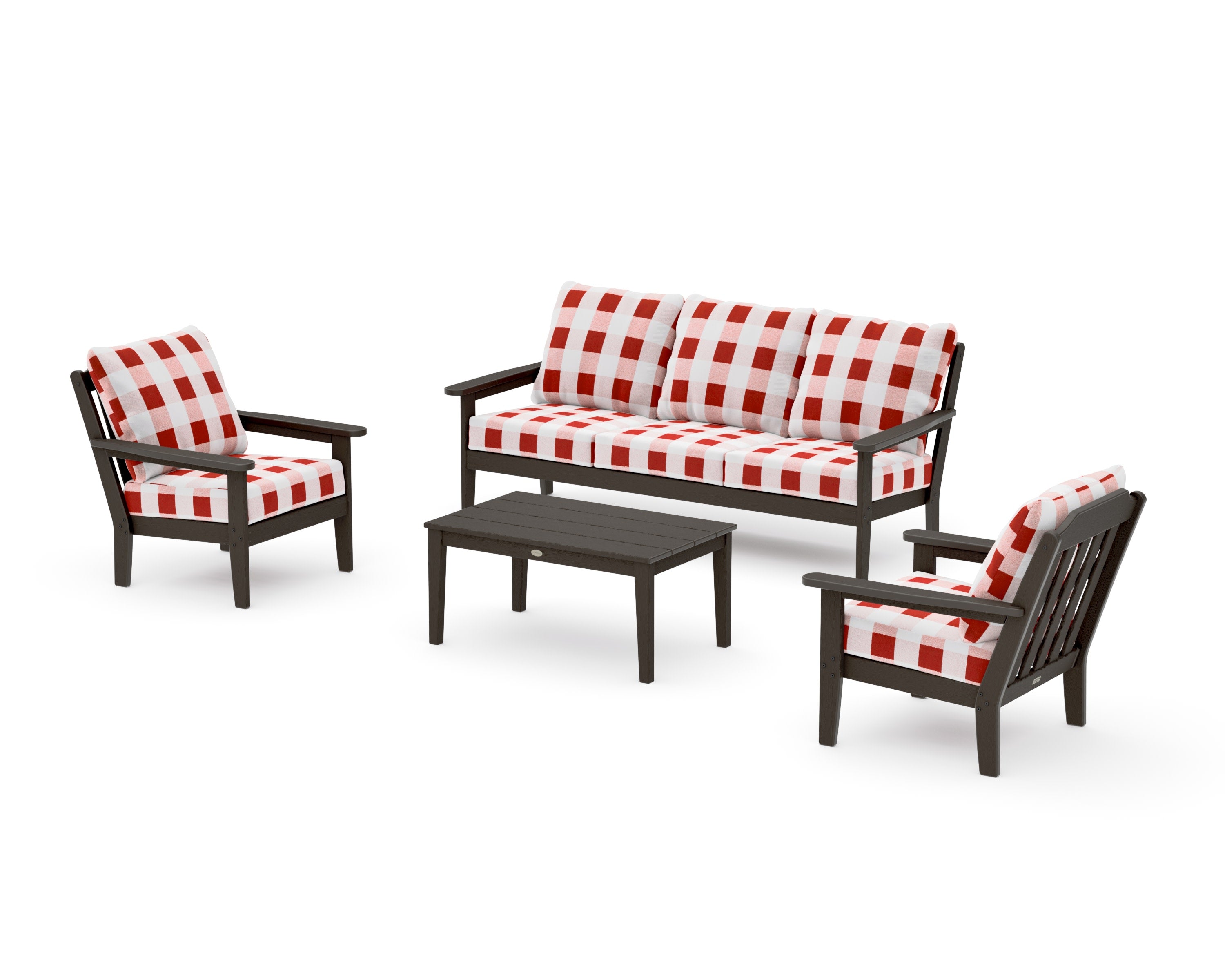 Cottage 4-Piece Deep Seating Set with Sofa in Vintage Coffee / Buffalo Plaid Crimson