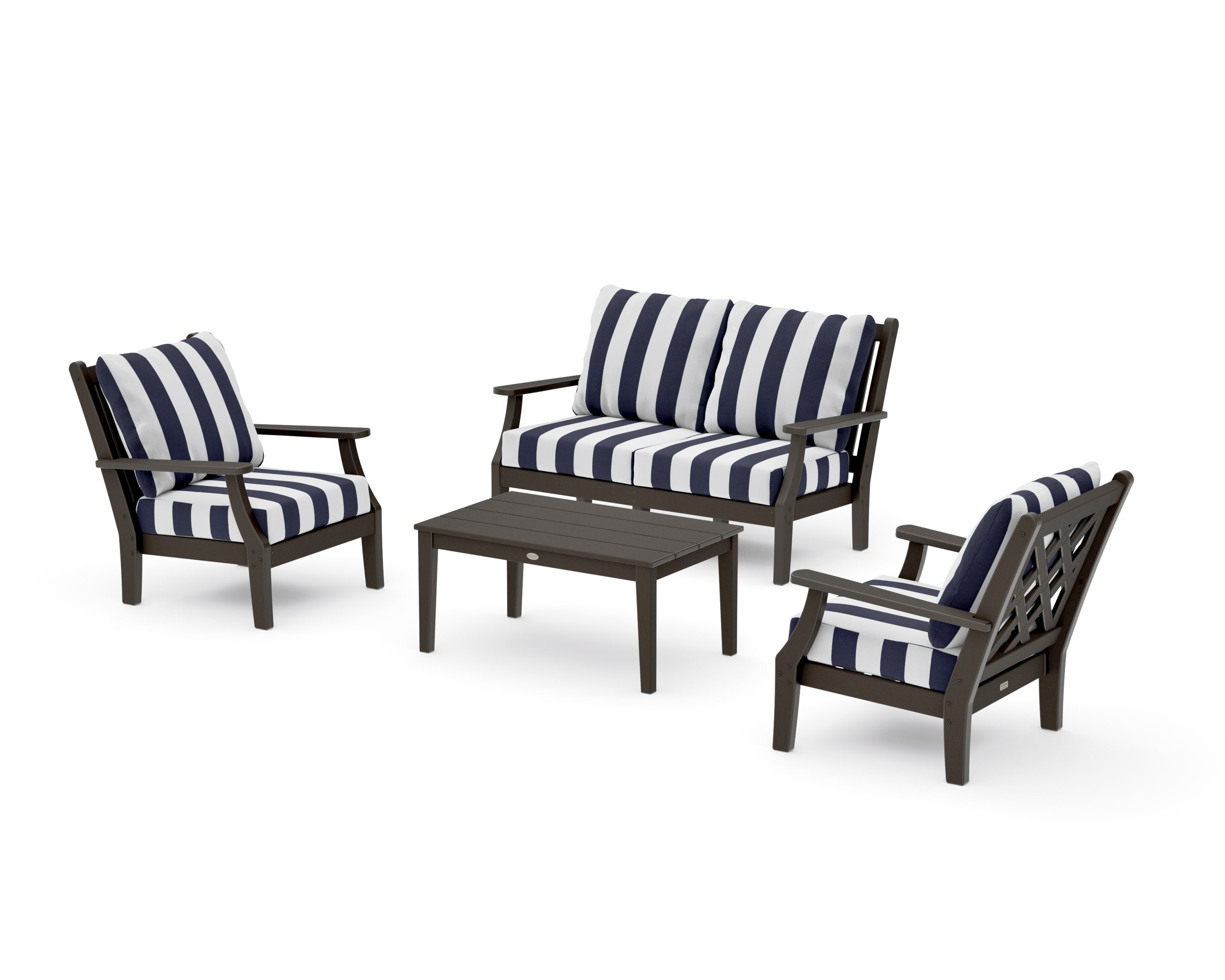 Wovendale 4-Piece Deep Seating Set with Loveseat in Vintage Coffee / Cabana Stripe Navy