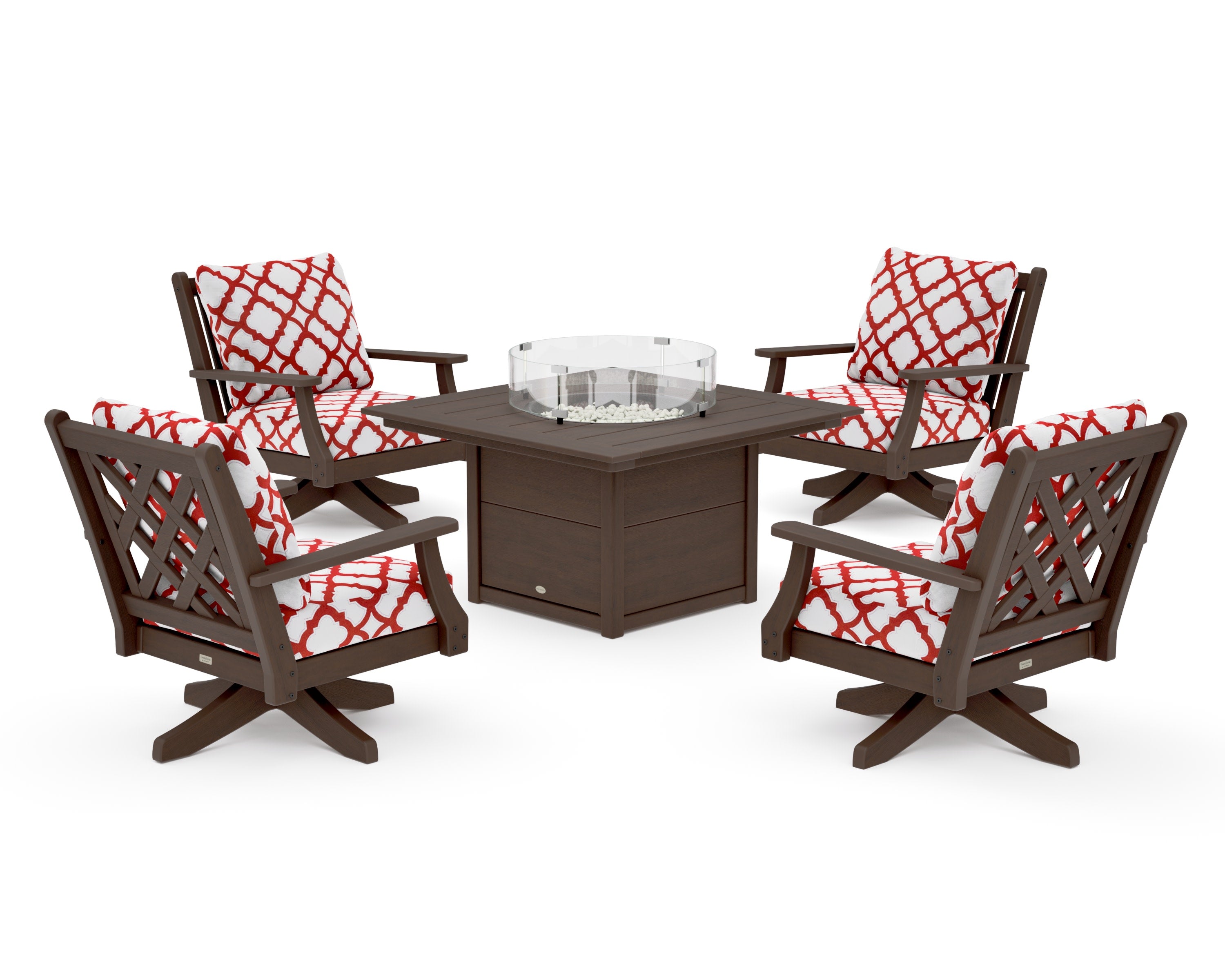 Wovendale 5-Piece Deep Seating Swivel Conversation Set with Fire Pit Table in Kona / Trellis Crimson