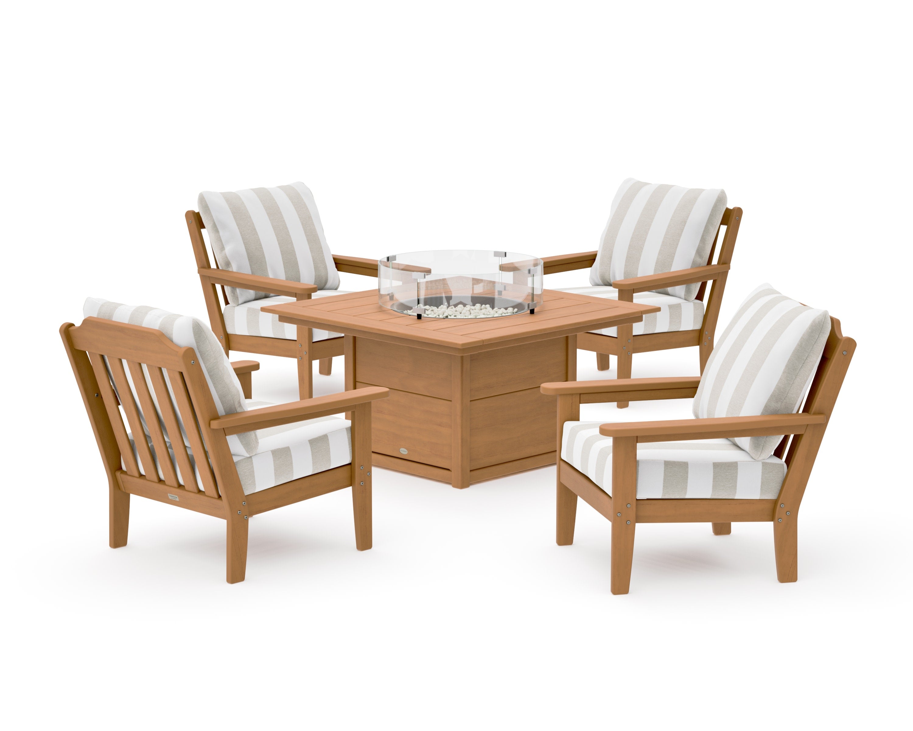 Cottage 5-Piece Deep Seating Set with Fire Pit Table in Natural / Cabana Stripe Dune Burlap