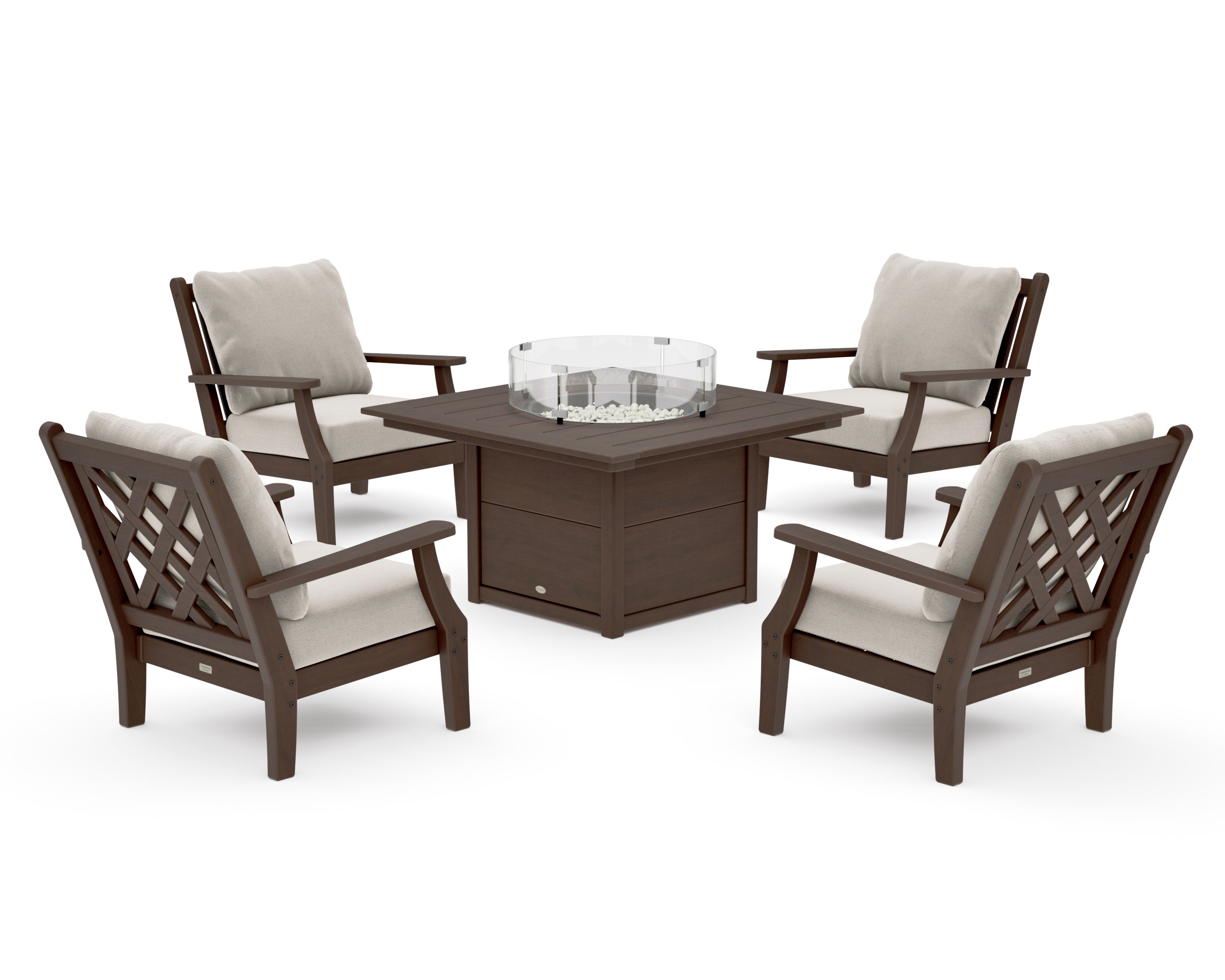 Wovendale 5-Piece Deep Seating Set with Fire Pit Table in Kona / Dune Burlap