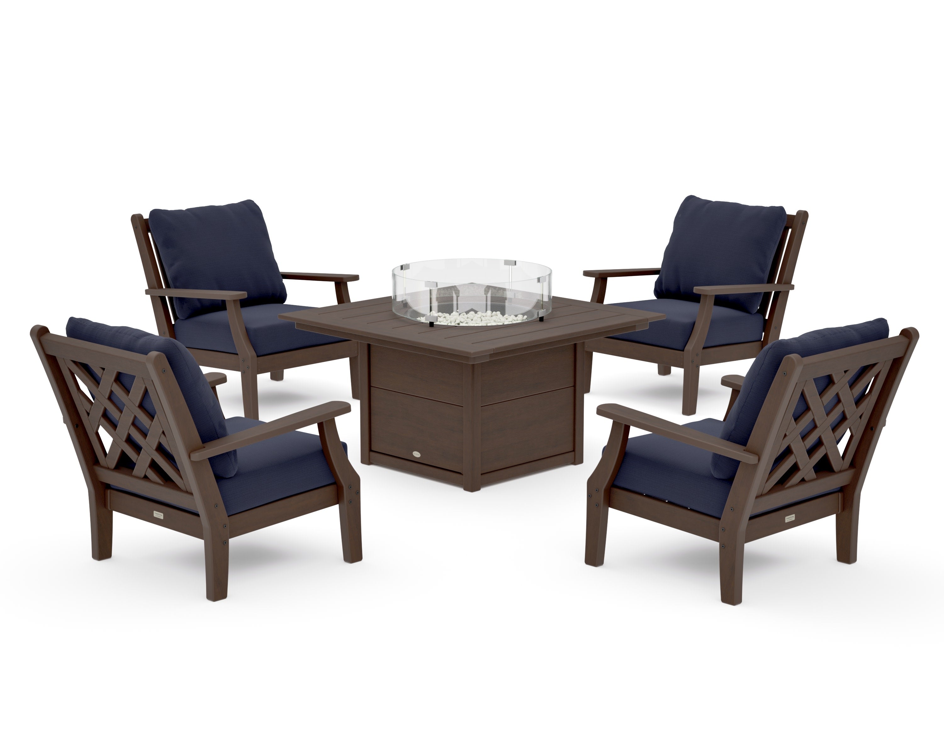 Wovendale 5-Piece Deep Seating Set with Fire Pit Table in Kona / Navy Linen