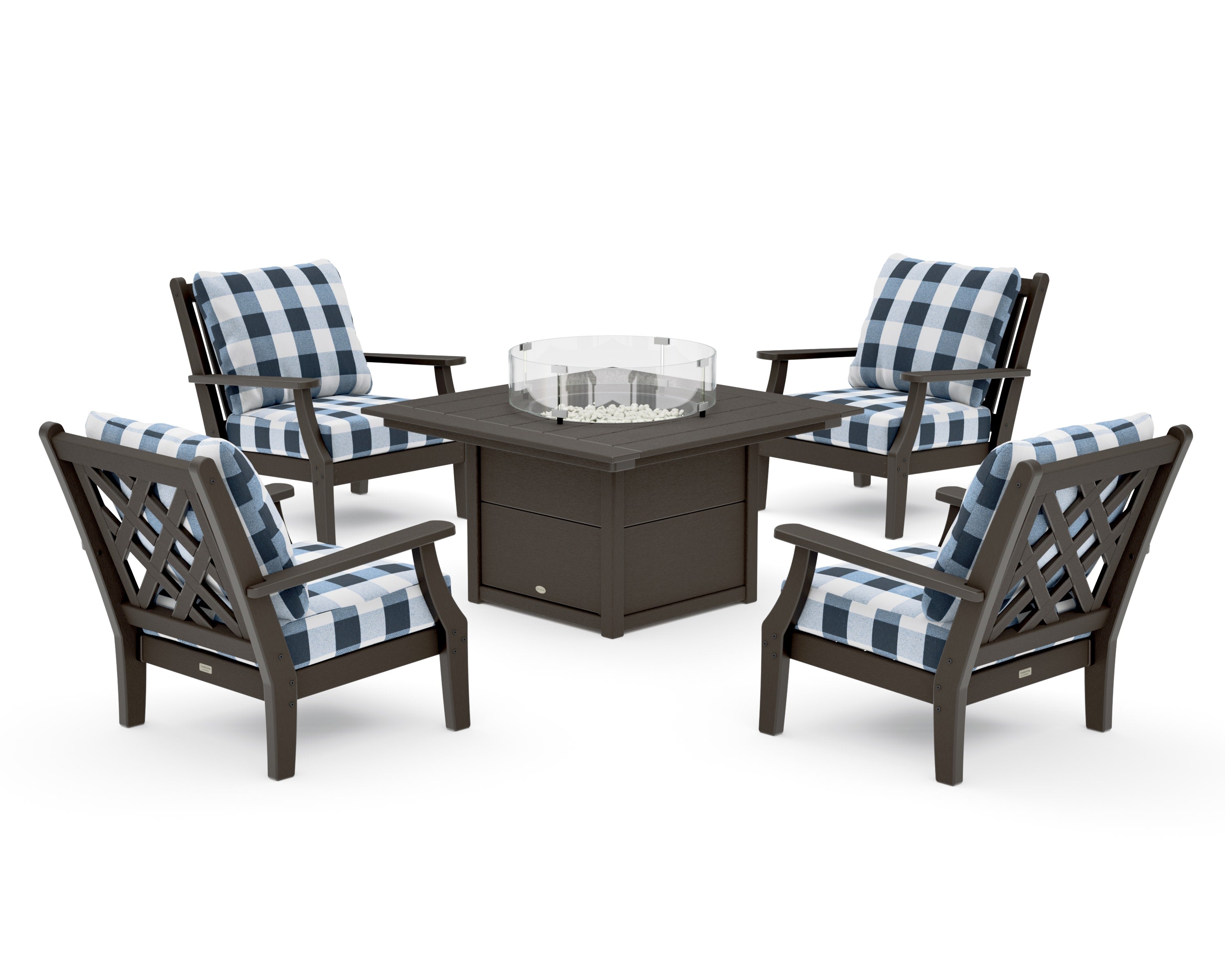 Wovendale 5-Piece Deep Seating Set with Fire Pit Table in Vintage Coffee / Buffalo Plaid Marine Indigo