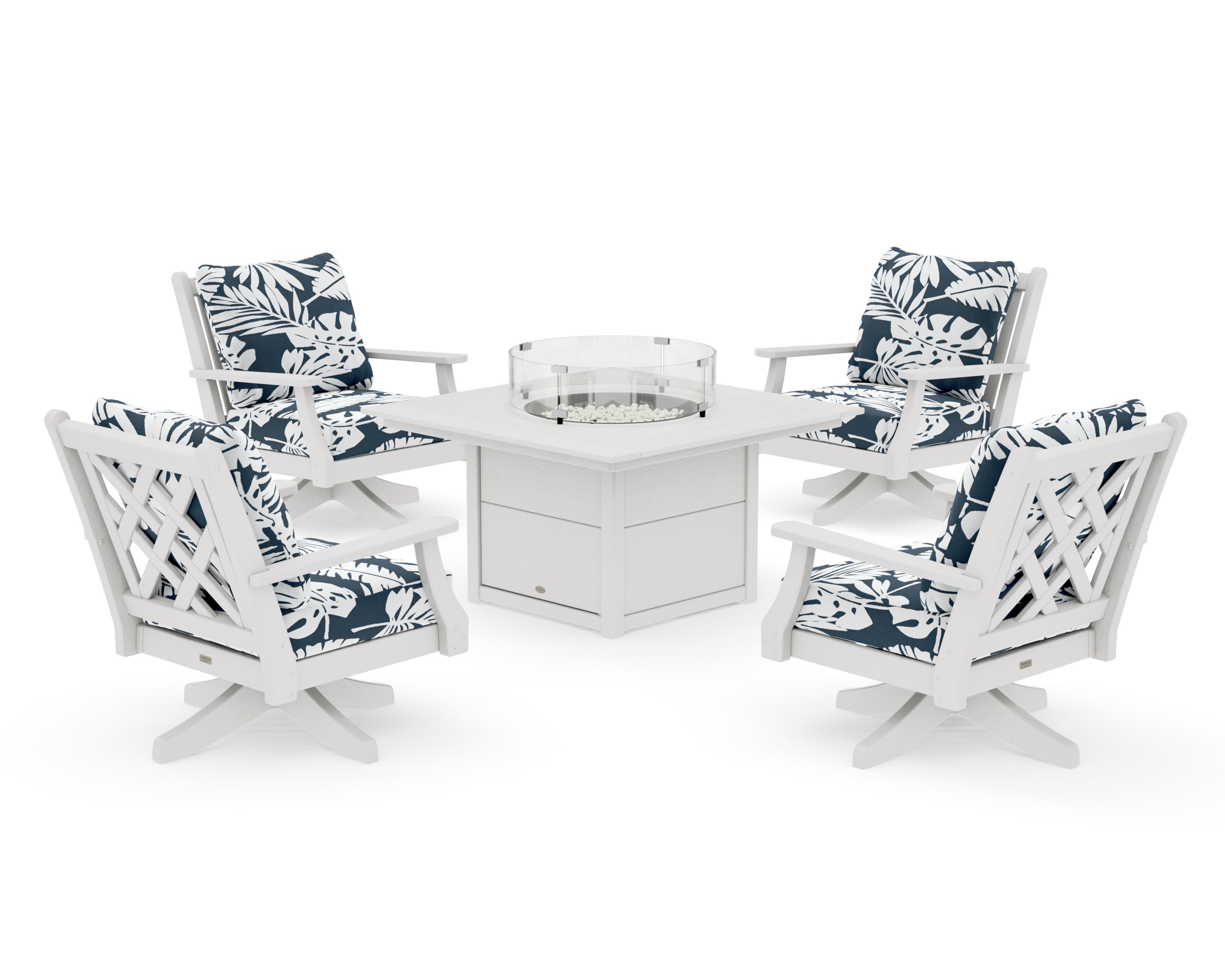 Wovendale 5-Piece Deep Seating Swivel Conversation Set with Fire Pit Table in Vintage White / Leaf Marine Indigo