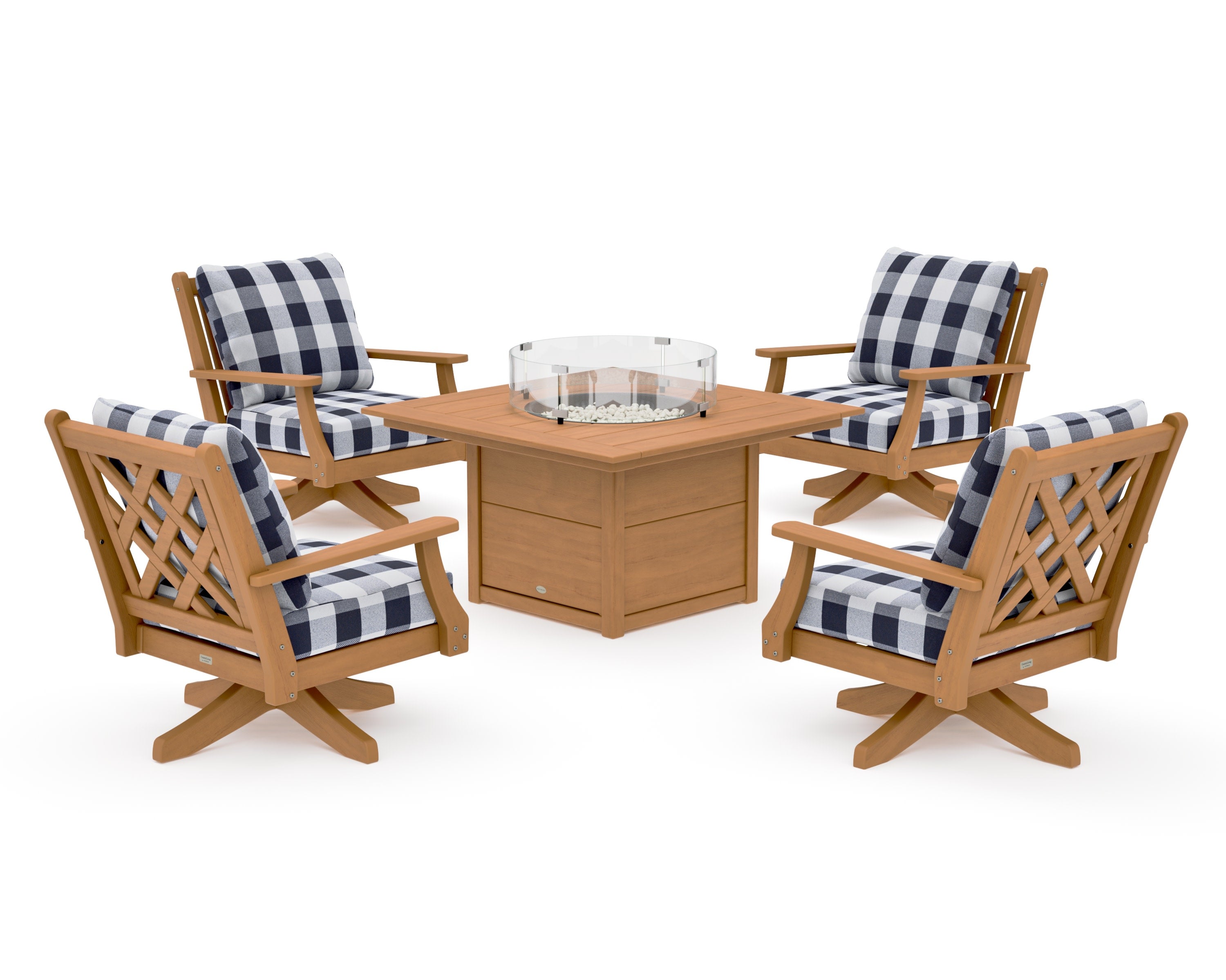 Wovendale 5-Piece Deep Seating Swivel Conversation Set with Fire Pit Table in Natural / Buffalo Plaid Navy