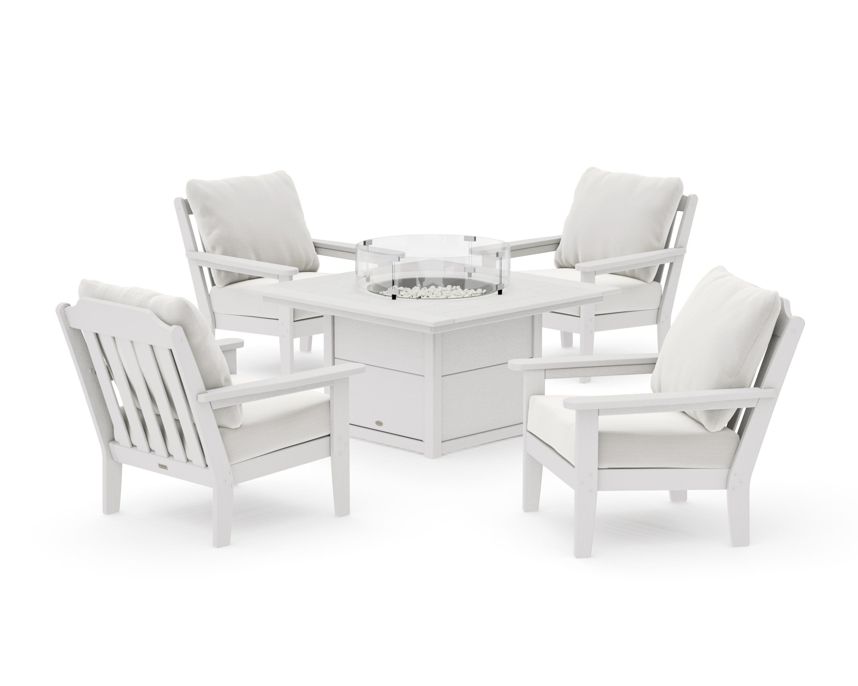 Cottage 5-Piece Deep Seating Set with Fire Pit Table in Vintage White / Natural Linen