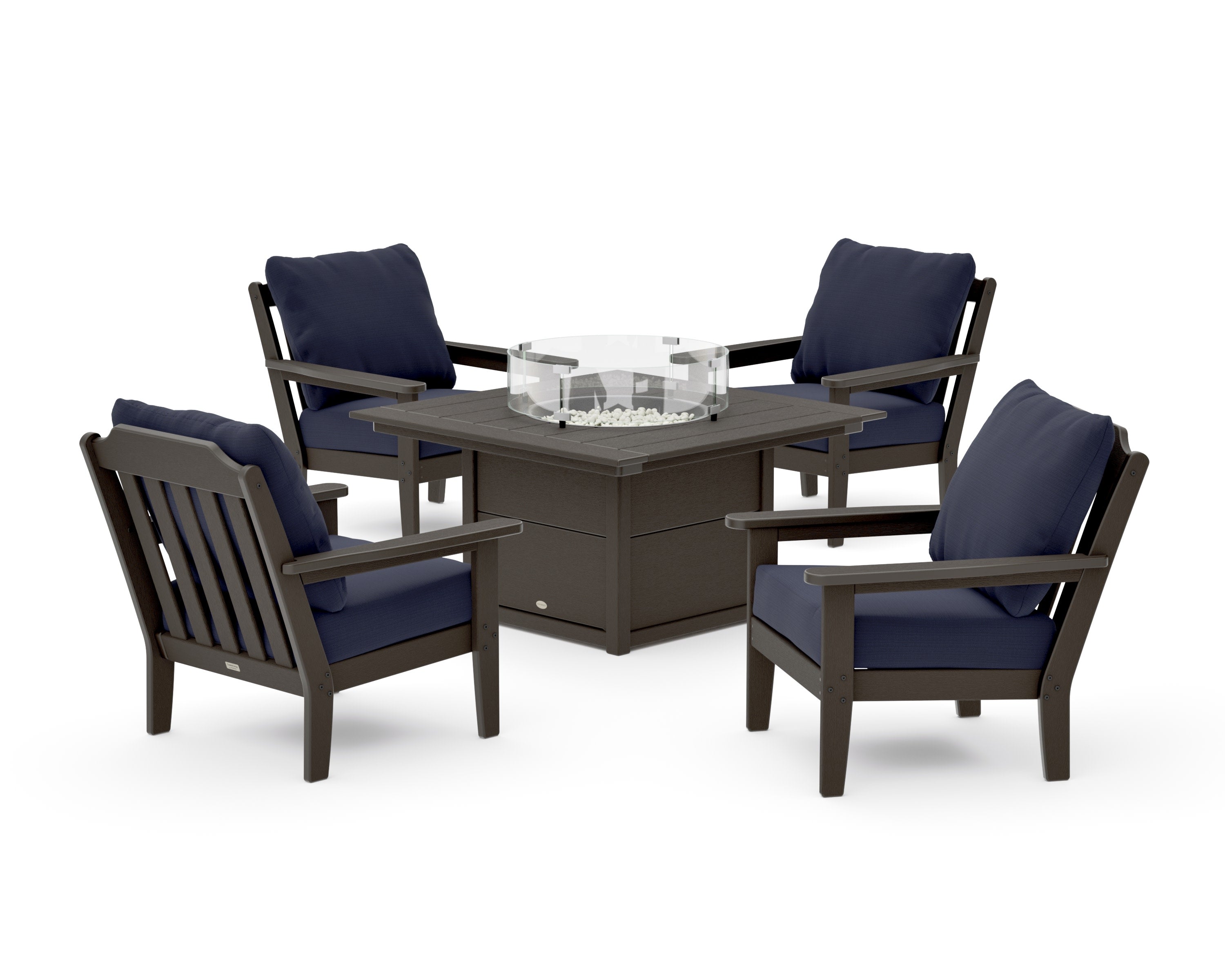 Cottage 5-Piece Deep Seating Set with Fire Pit Table in Vintage Coffee / Navy Linen