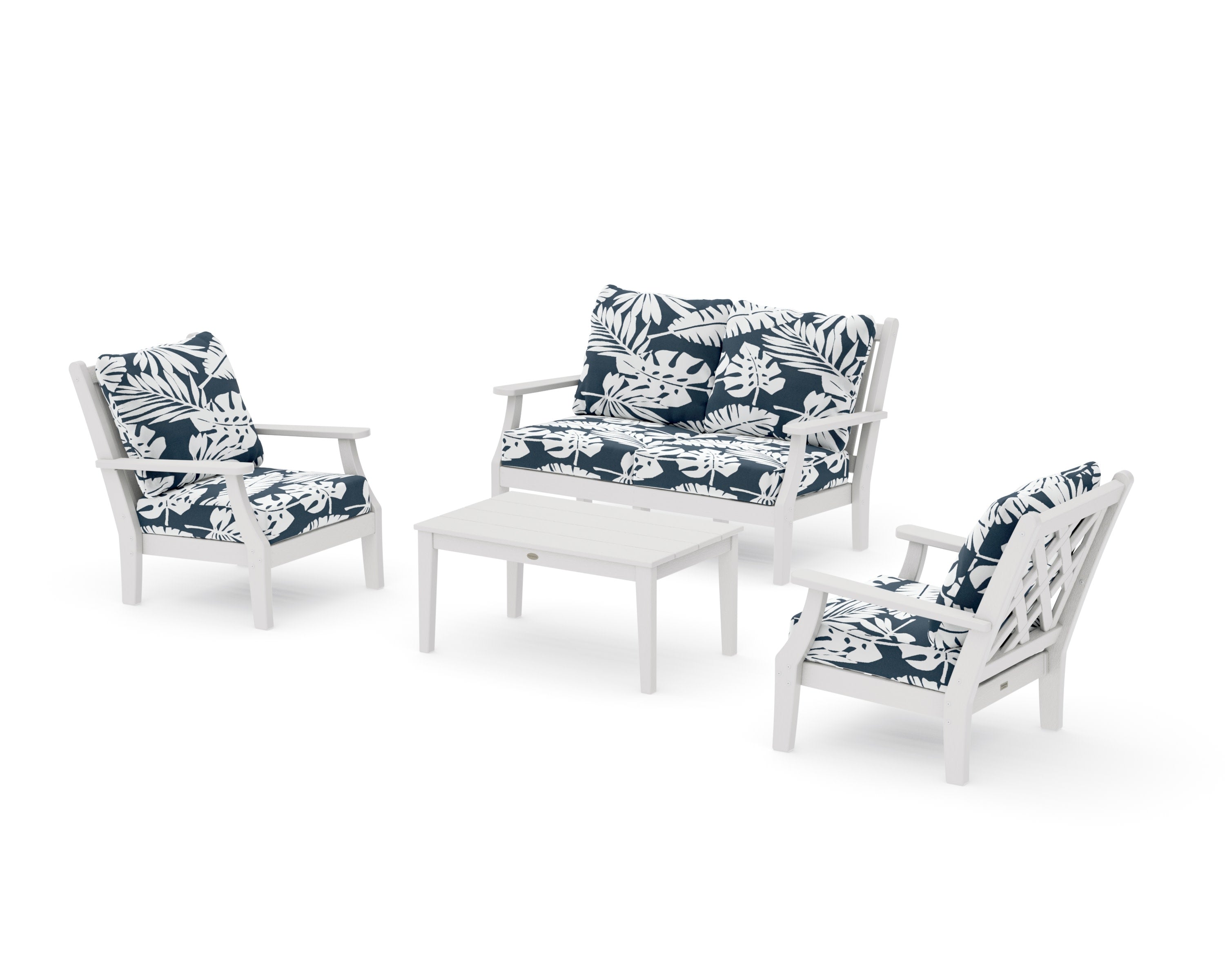 Wovendale 4-Piece Deep Seating Set with Loveseat in Vintage White / Leaf Marine Indigo