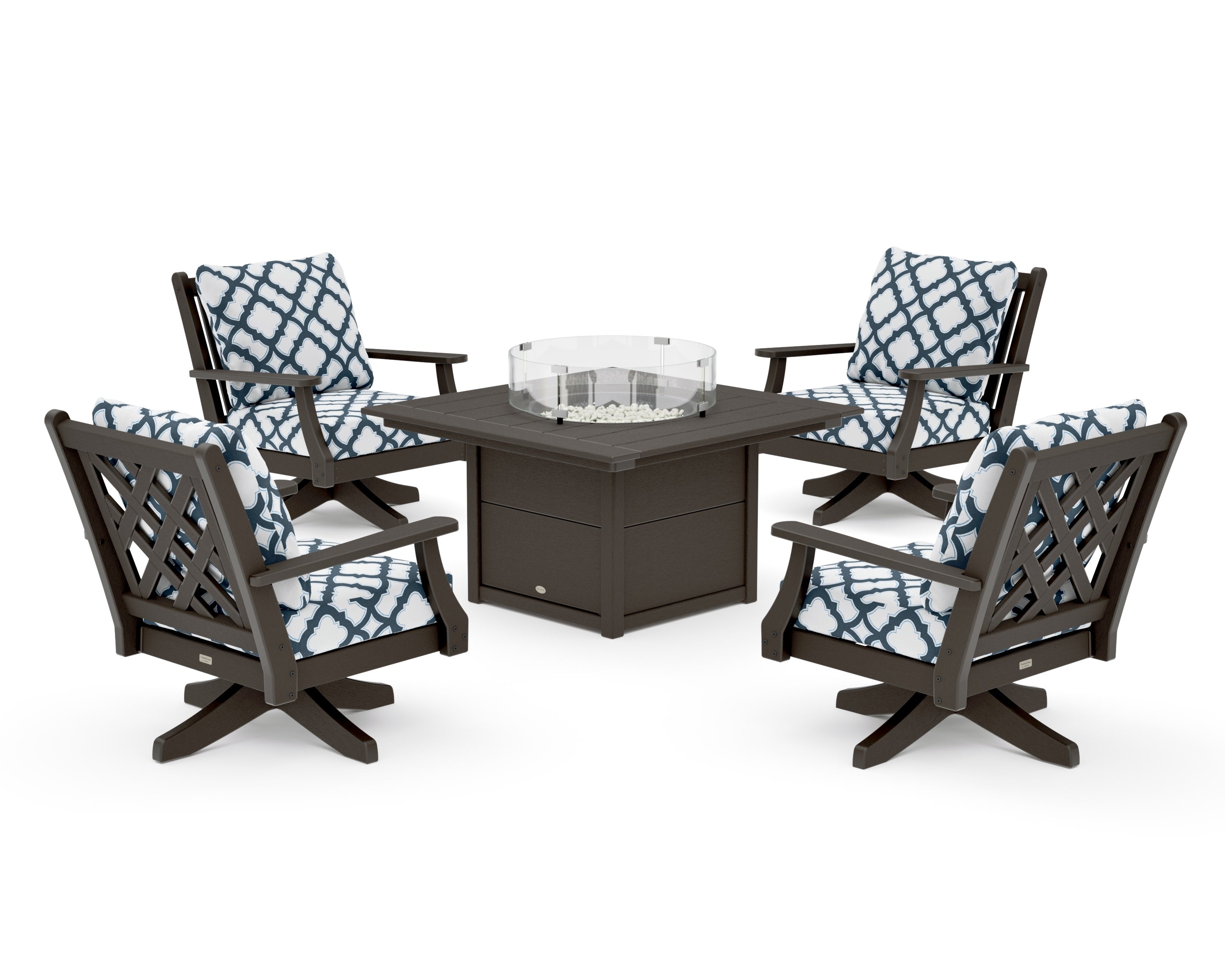 Wovendale 5-Piece Deep Seating Swivel Conversation Set with Fire Pit Table in Vintage Coffee / Trellis Marine Indigo