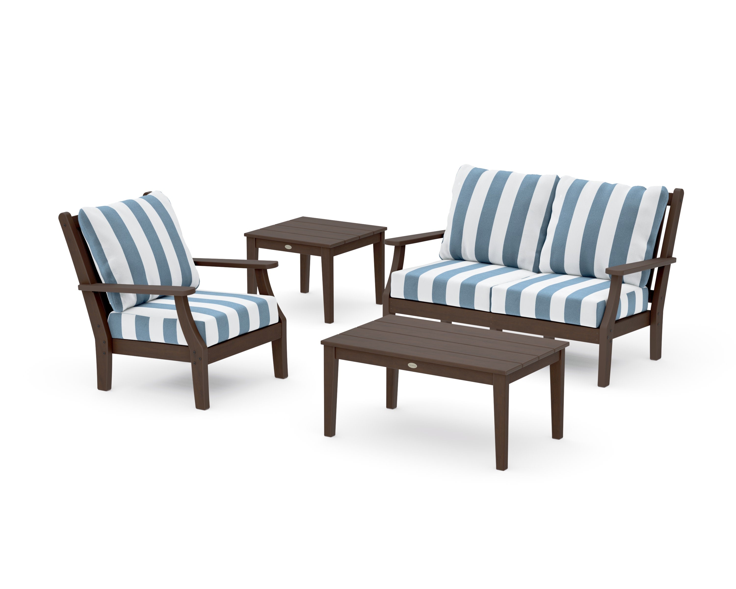 Wovendale 4-Piece Deep Seating Set in Kona / Cabana Stripe Sky Blue