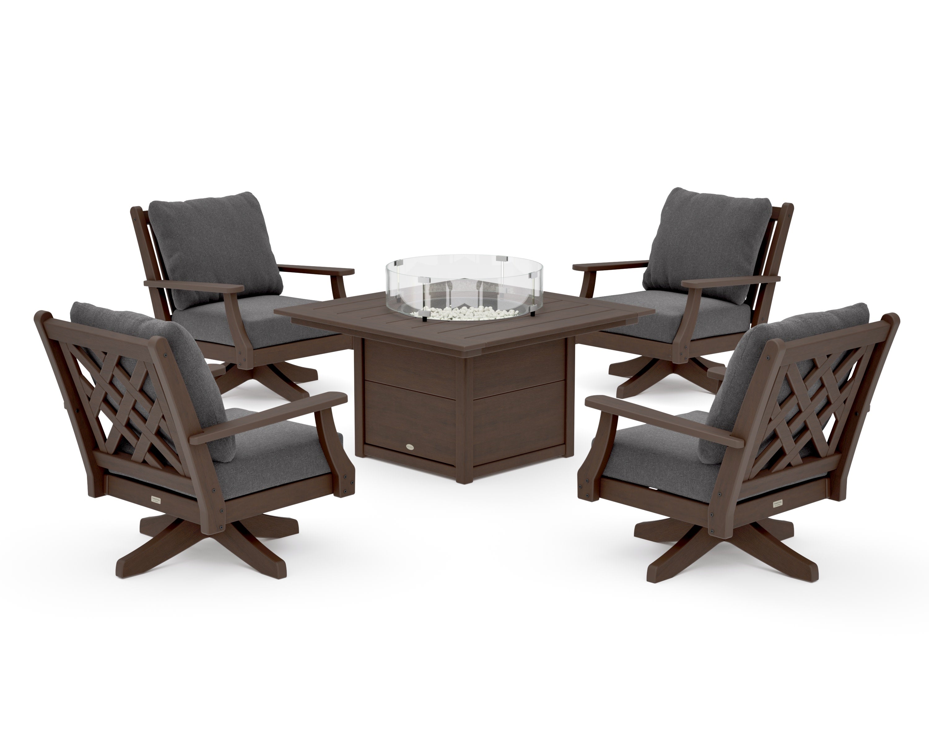 Wovendale 5-Piece Deep Seating Swivel Conversation Set with Fire Pit Table in Kona / Ash Charcoal