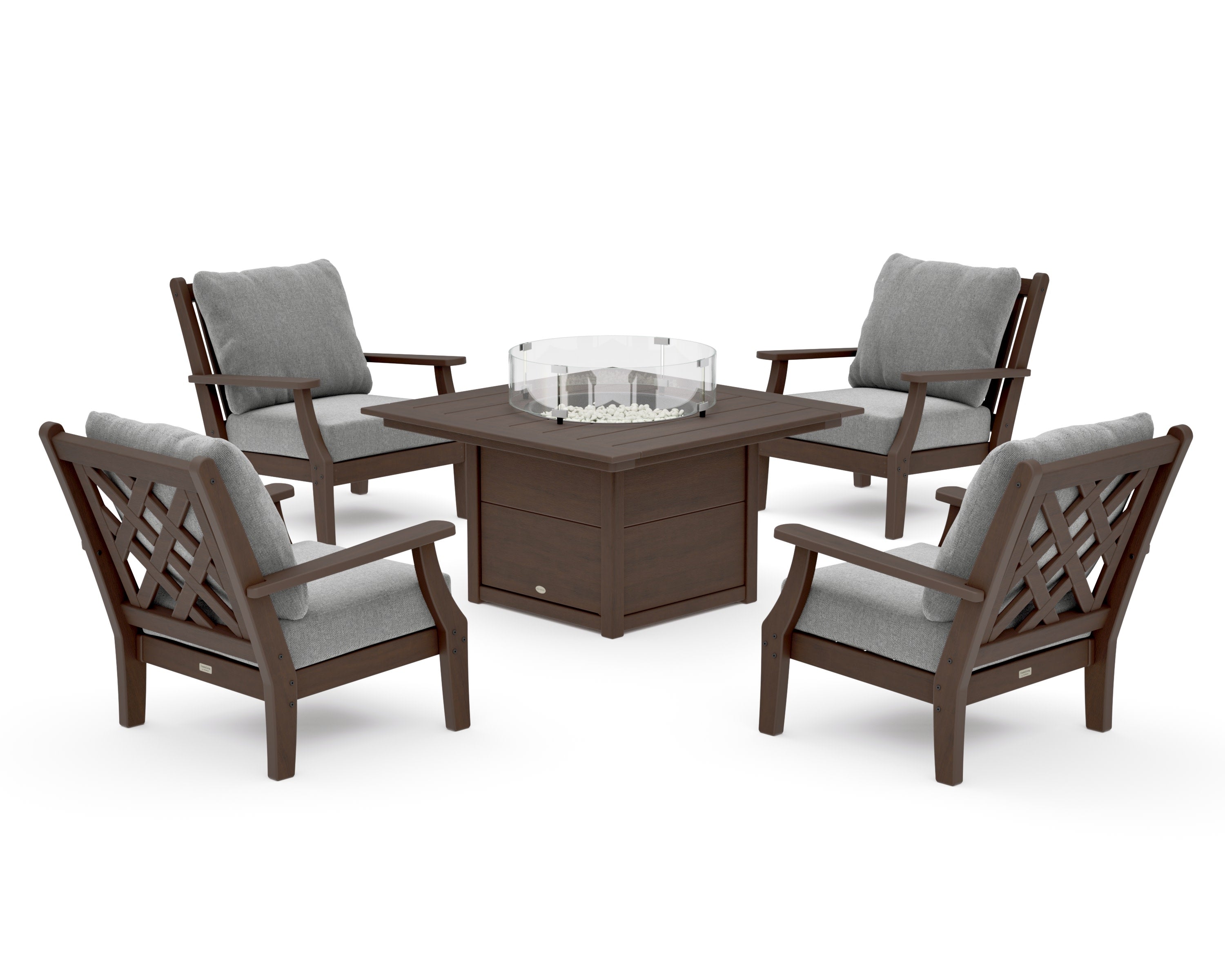 Wovendale 5-Piece Deep Seating Set with Fire Pit Table in Kona / Grey Mist