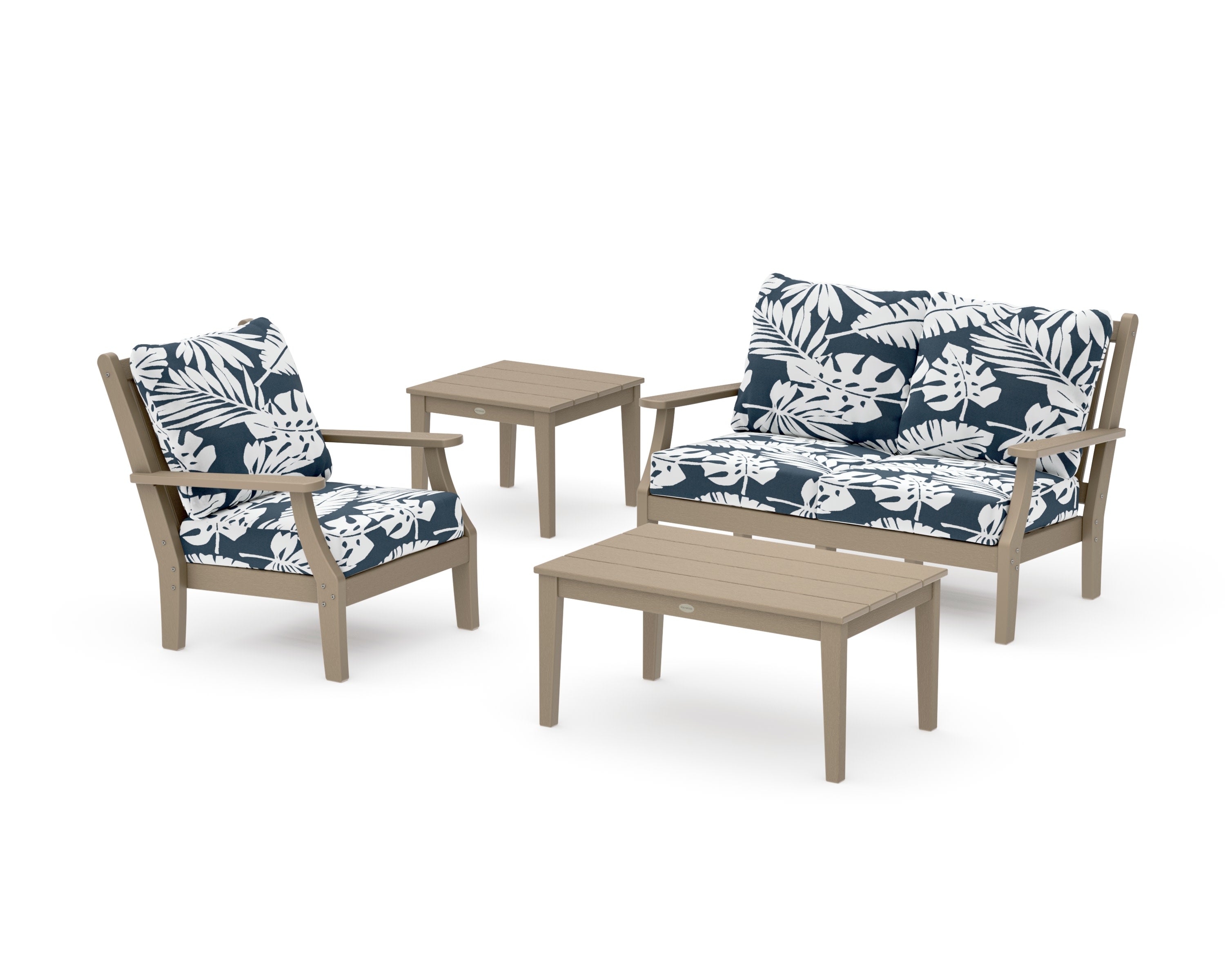 Wovendale 4-Piece Deep Seating Set in Vintage Sahara / Leaf Marine Indigo