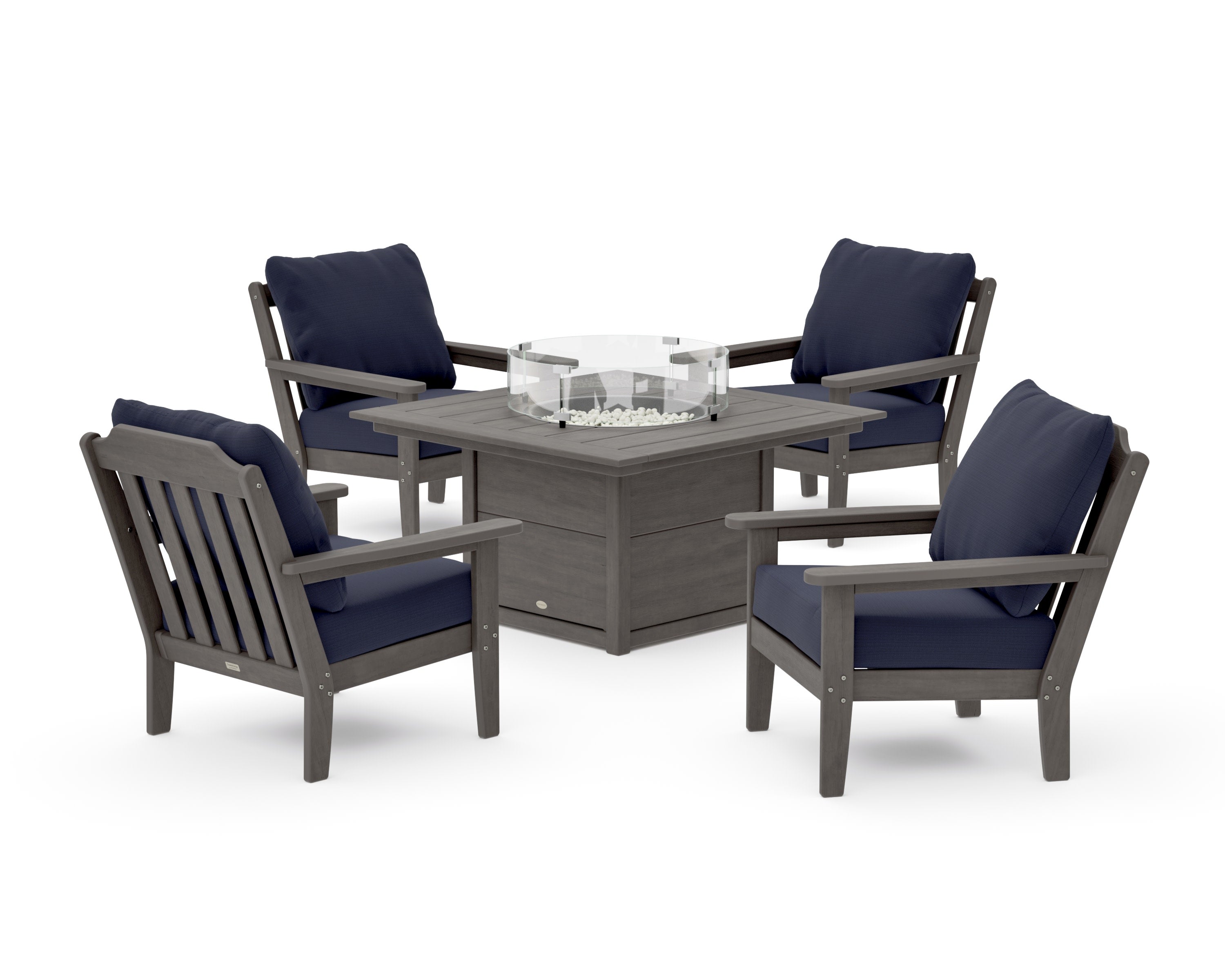 Cottage 5-Piece Deep Seating Set with Fire Pit Table in Driftwood / Navy Linen