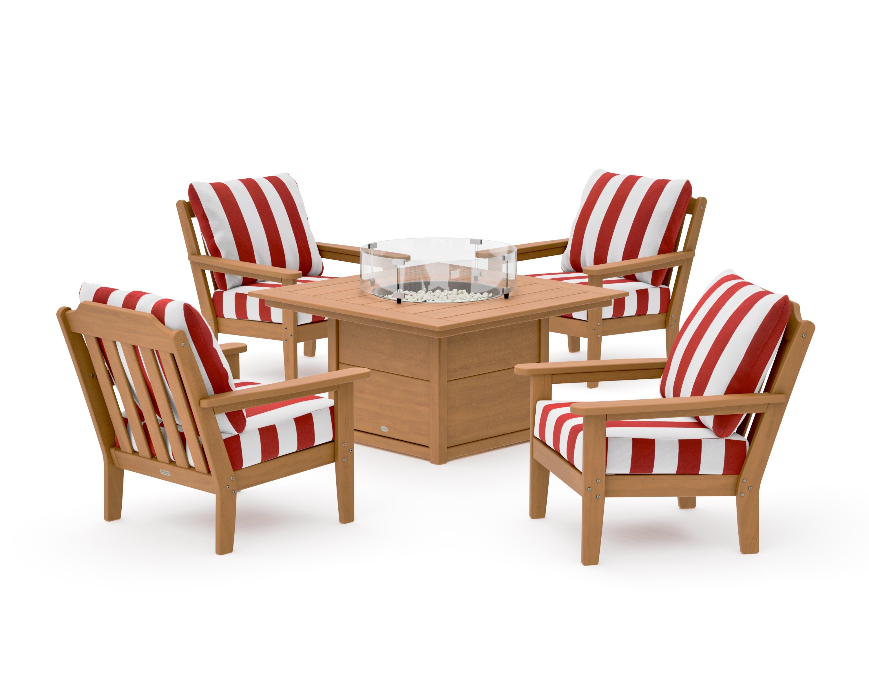Cottage 5-Piece Deep Seating Set with Fire Pit Table in Natural / Cabana Stripe Crimson
