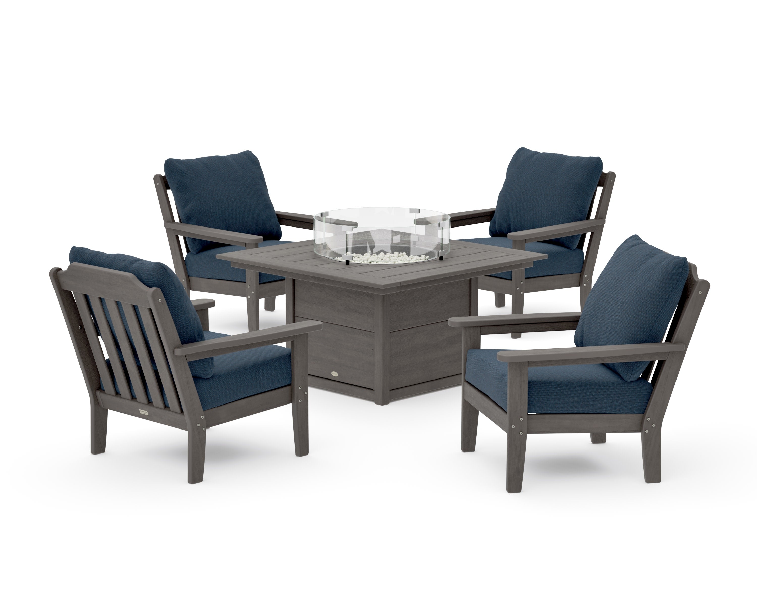 Cottage 5-Piece Deep Seating Set with Fire Pit Table in Driftwood / Marine Indigo