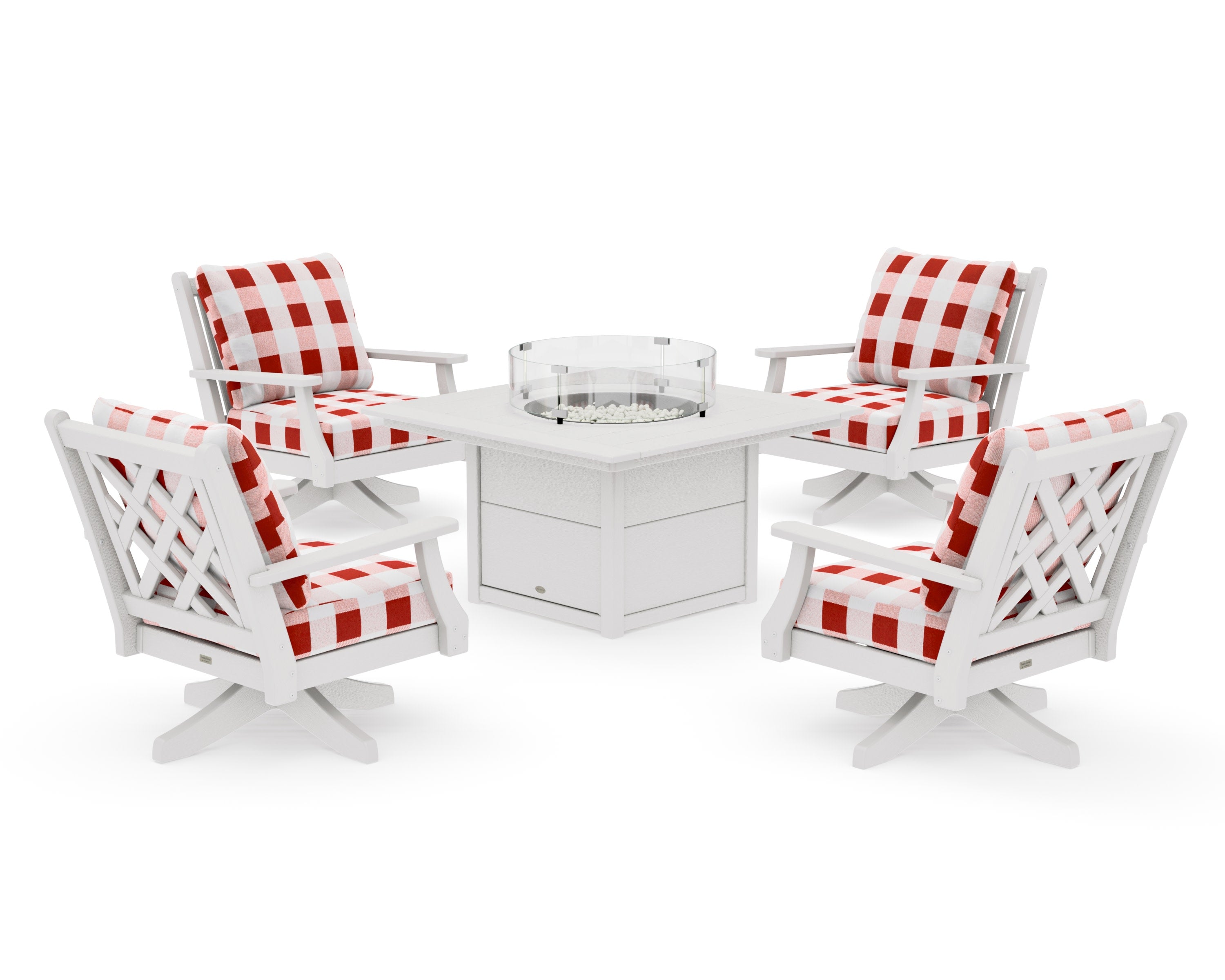 Wovendale 5-Piece Deep Seating Swivel Conversation Set with Fire Pit Table in Vintage White / Buffalo Plaid Crimson