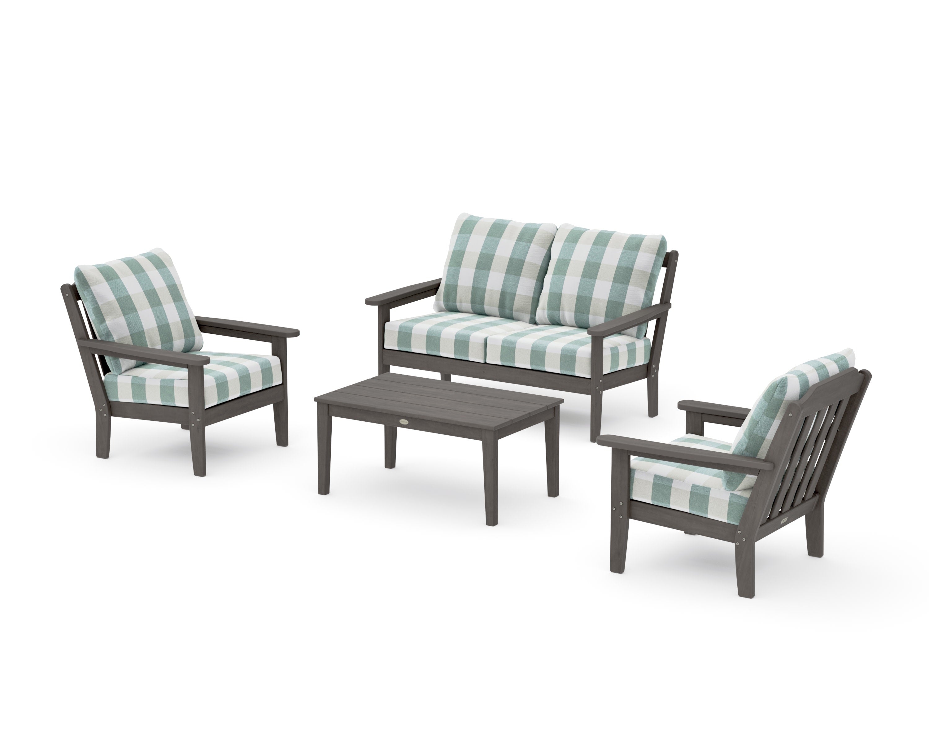 Cottage 4-Piece Deep Seating Set with Loveseat in Driftwood / Buffalo Plaid Glacier Spa