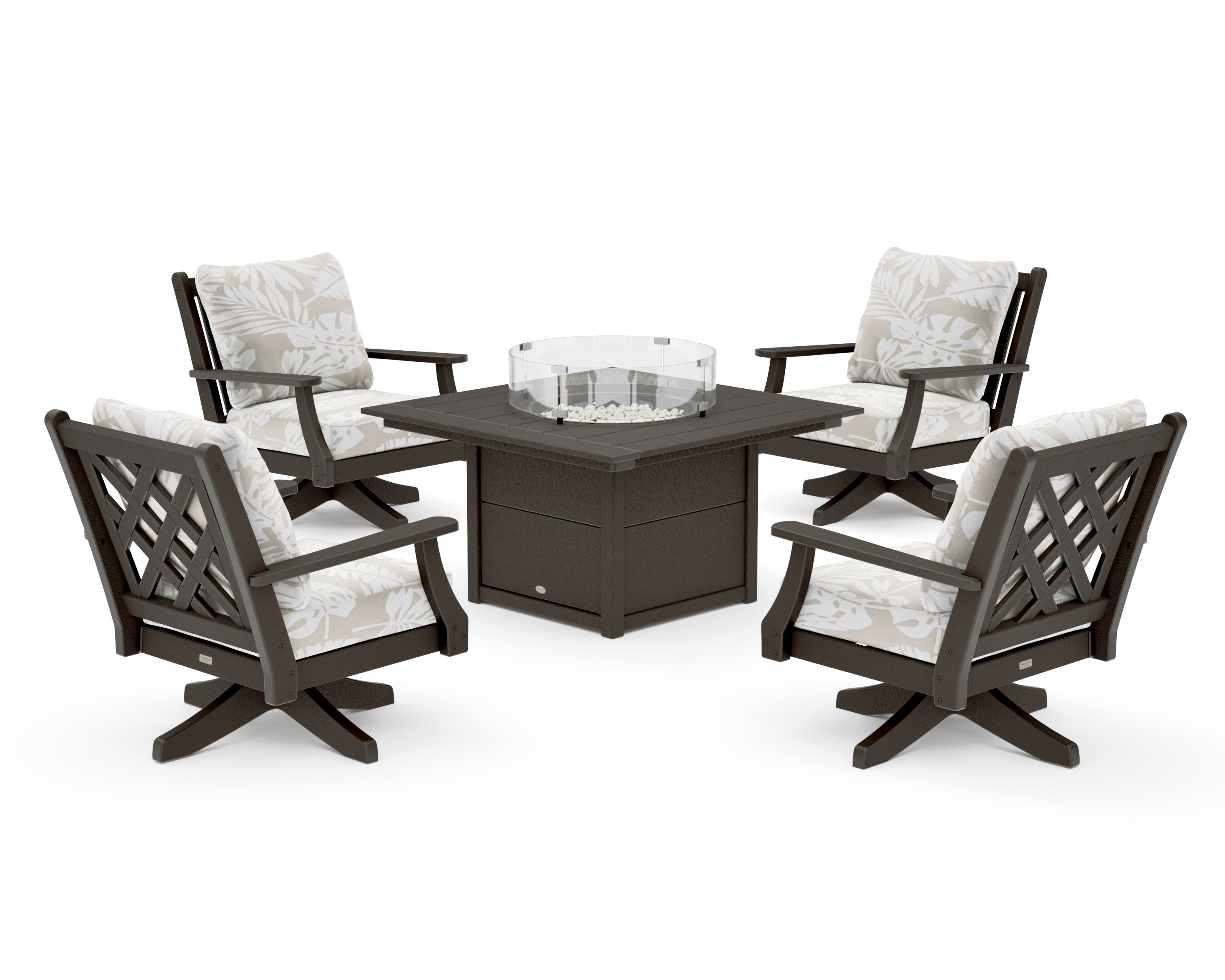 Wovendale 5-Piece Deep Seating Swivel Conversation Set with Fire Pit Table in Vintage Coffee / Leaf Dune Burlap