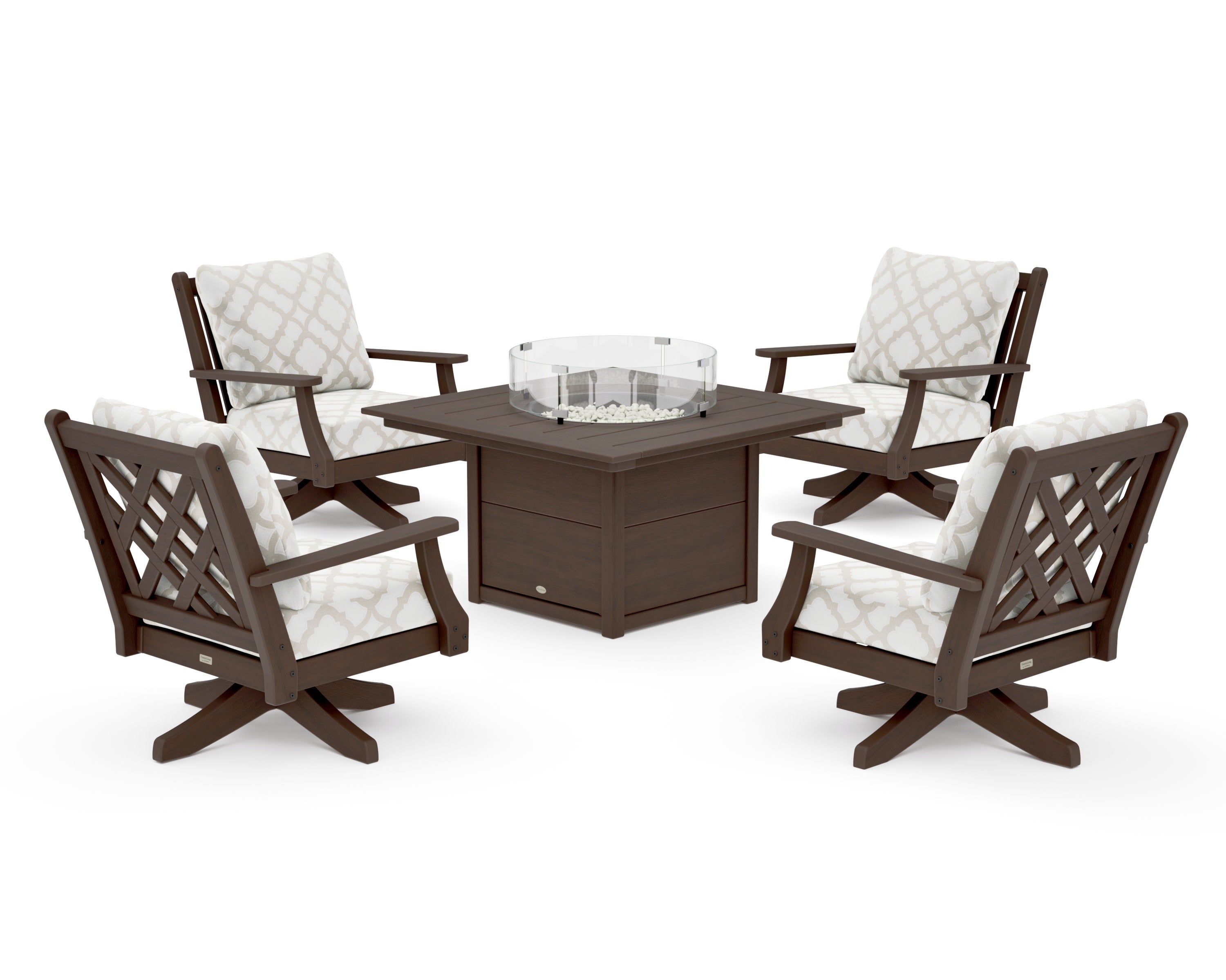 Wovendale 5-Piece Deep Seating Swivel Conversation Set with Fire Pit Table in Kona / Trellis Dune Burlap