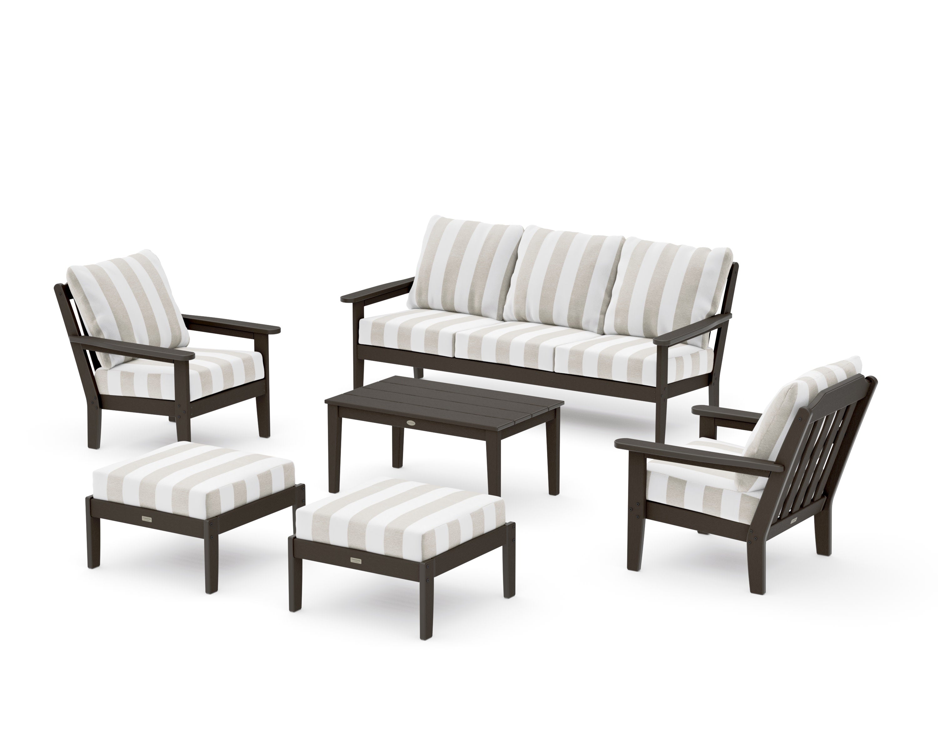 Cottage 6-Piece Lounge Sofa Set in Vintage Coffee / Cabana Stripe Dune Burlap