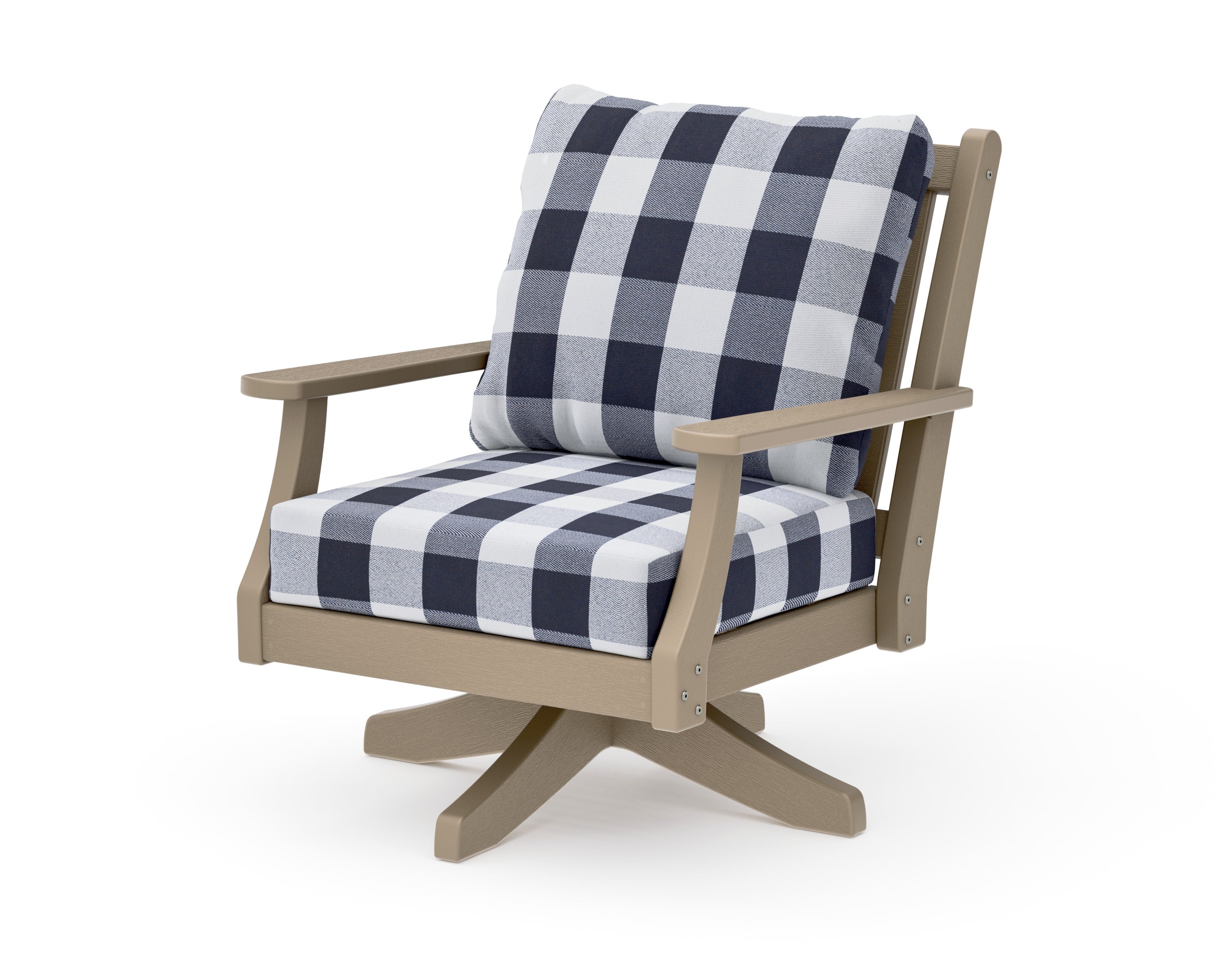 Wovendale Deep Seating Swivel Chair in Vintage Sahara / Buffalo Plaid Navy