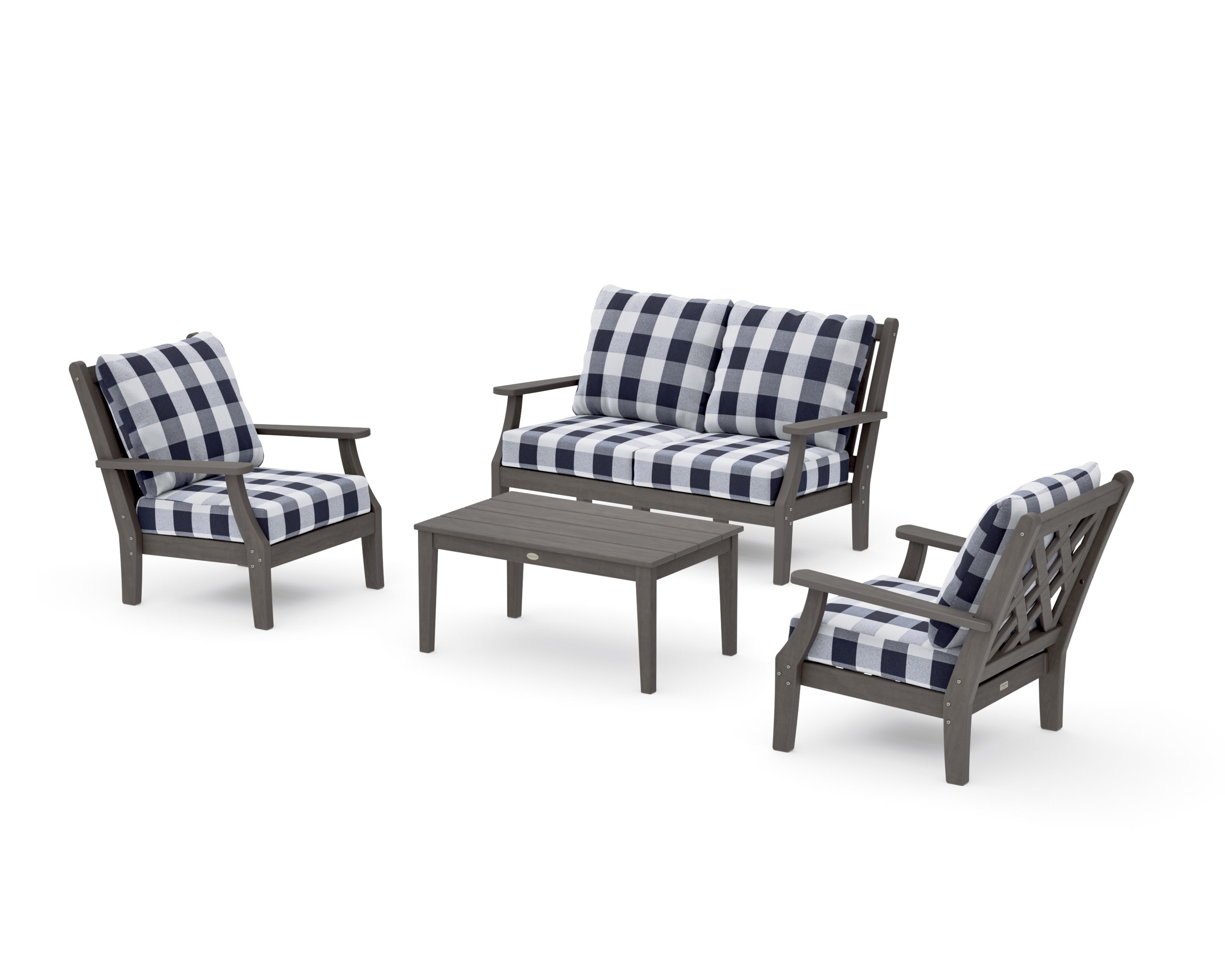 Wovendale 4-Piece Deep Seating Set with Loveseat in Driftwood / Buffalo Plaid Navy