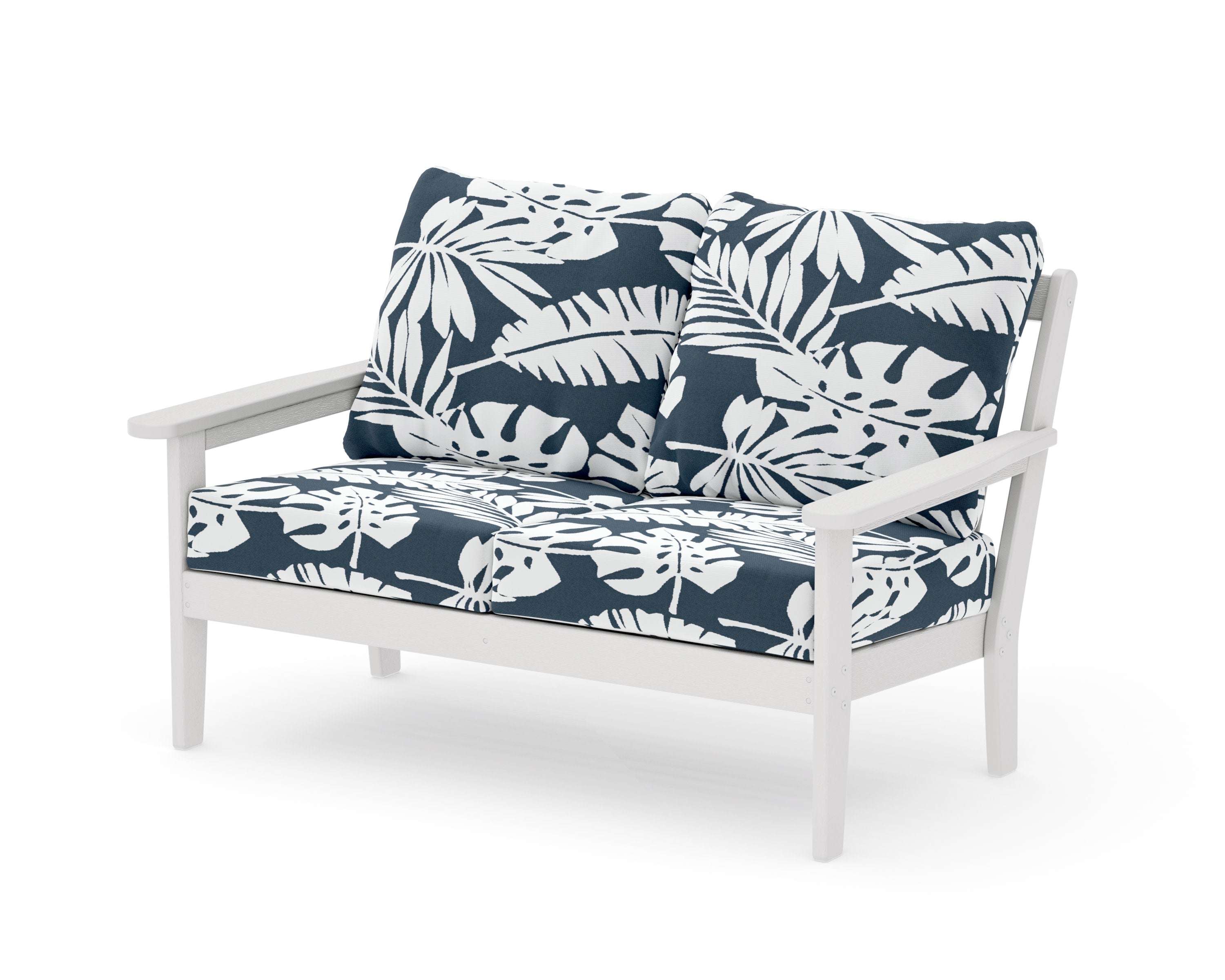 Cottage Deep Seating Loveseat in Vintage White / Leaf Marine Indigo