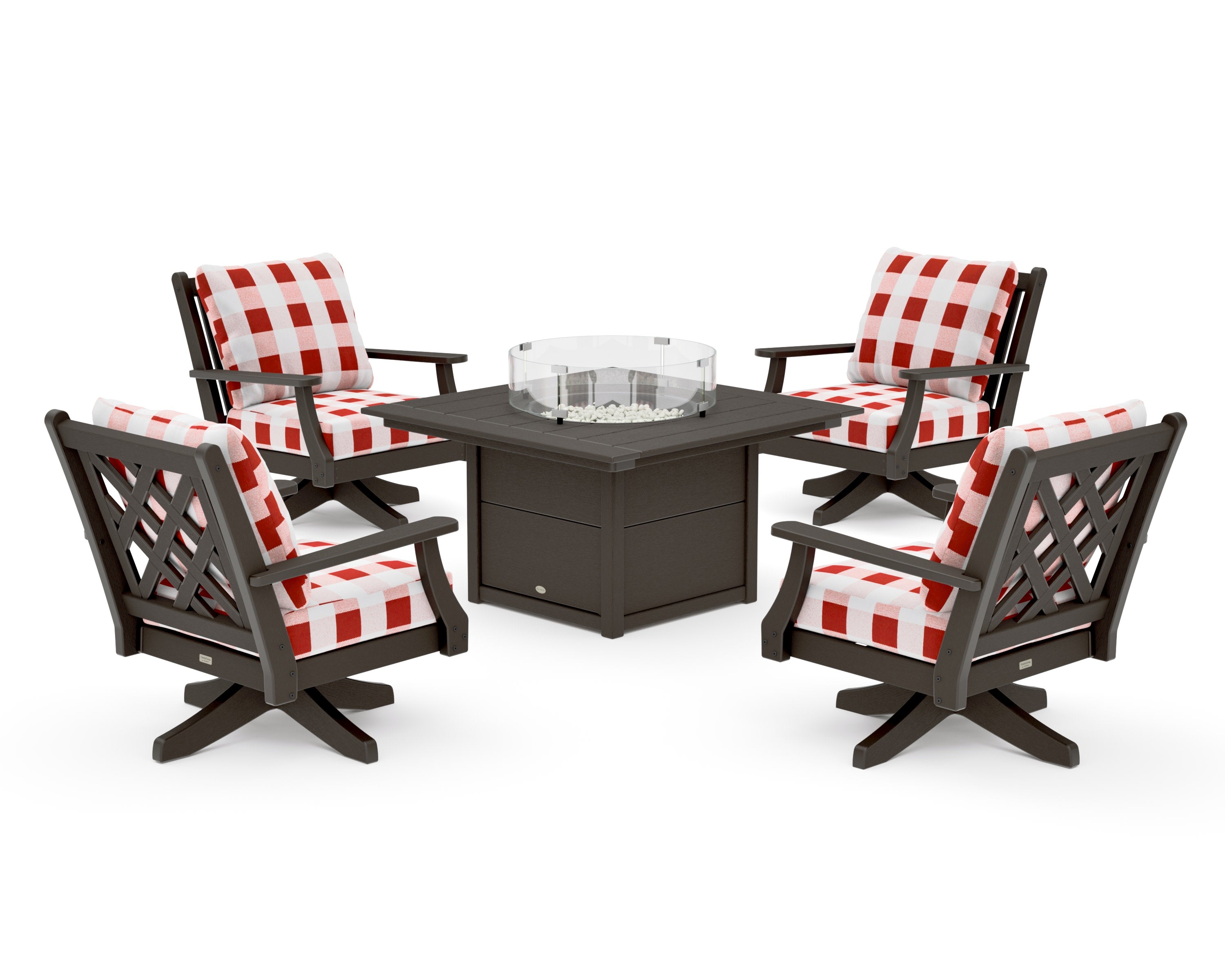Wovendale 5-Piece Deep Seating Swivel Conversation Set with Fire Pit Table in Vintage Coffee / Buffalo Plaid Crimson
