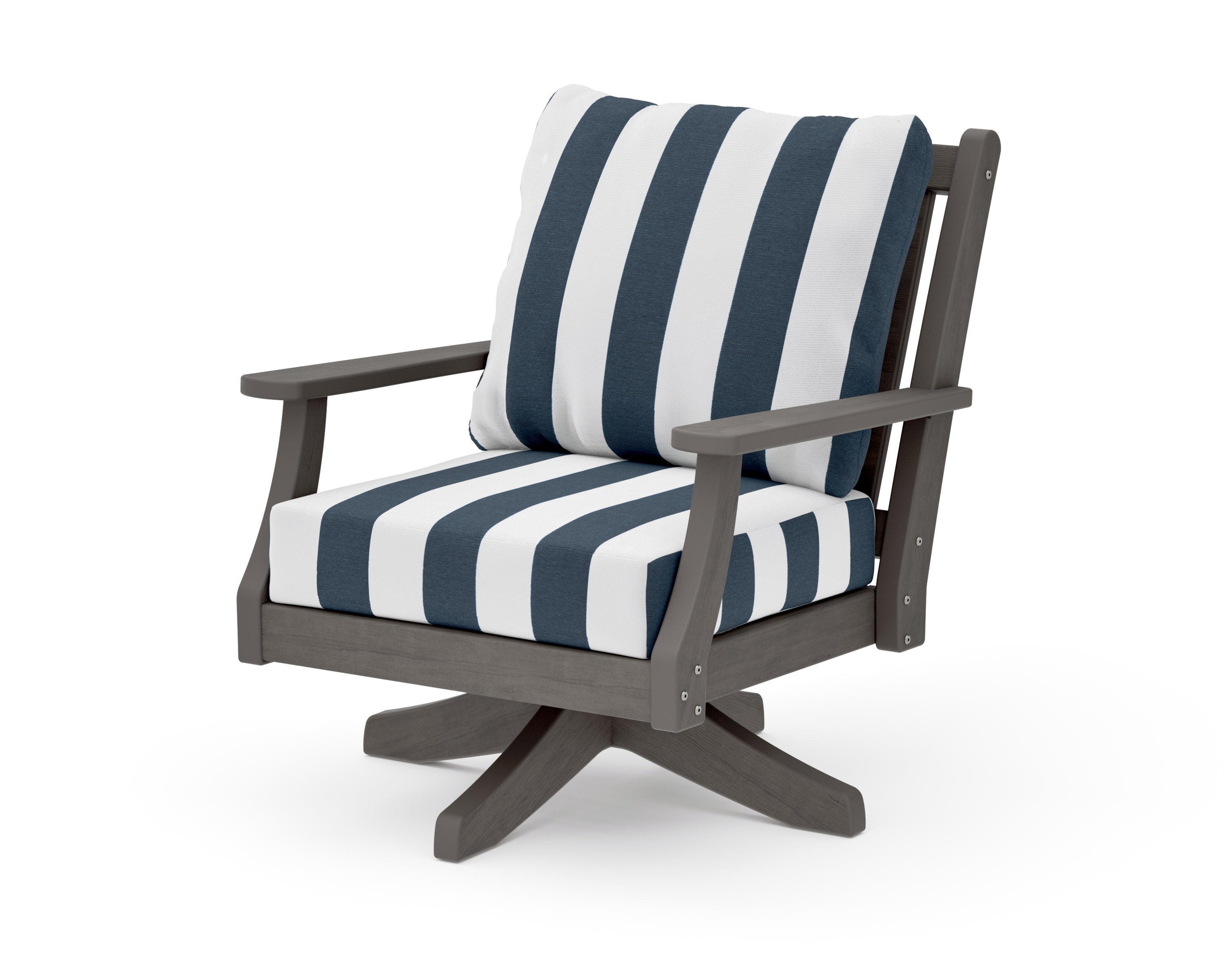 Wovendale Deep Seating Swivel Chair in Driftwood / Cabana Stripe Marine Indigo