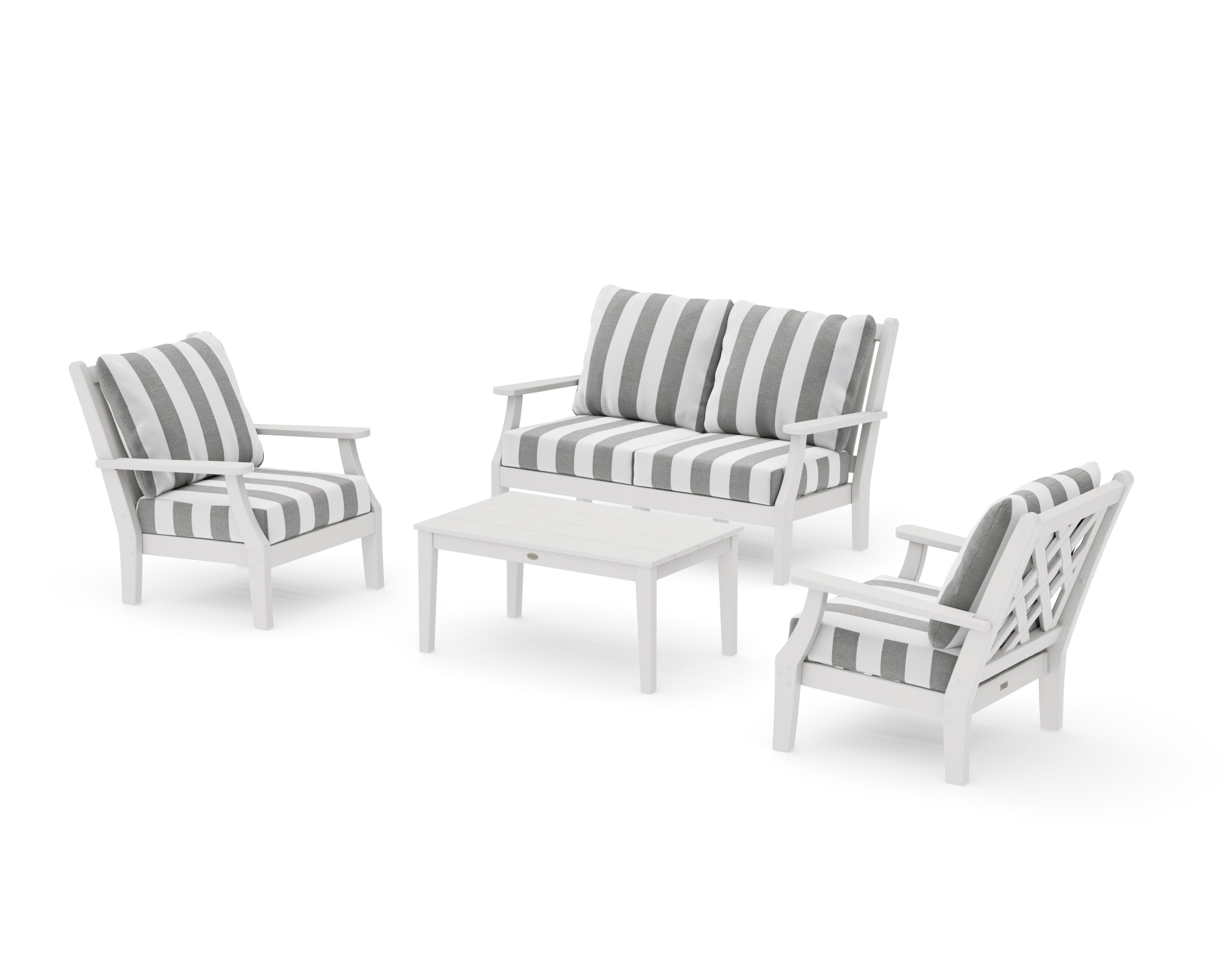 Wovendale 4-Piece Deep Seating Set with Loveseat in Vintage White / Cabana Stripe Grey Mist