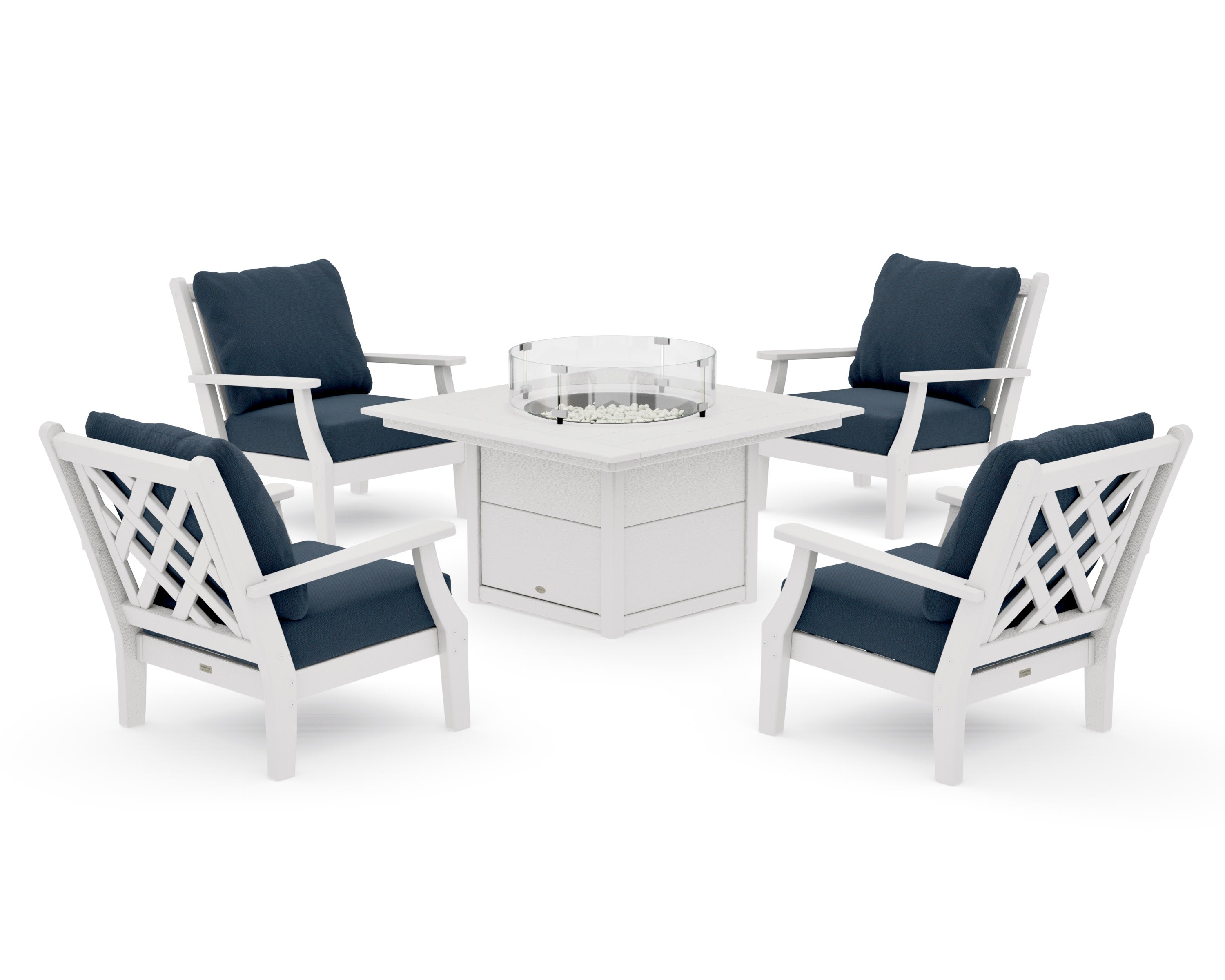 Wovendale 5-Piece Deep Seating Set with Fire Pit Table in Vintage White / Marine Indigo