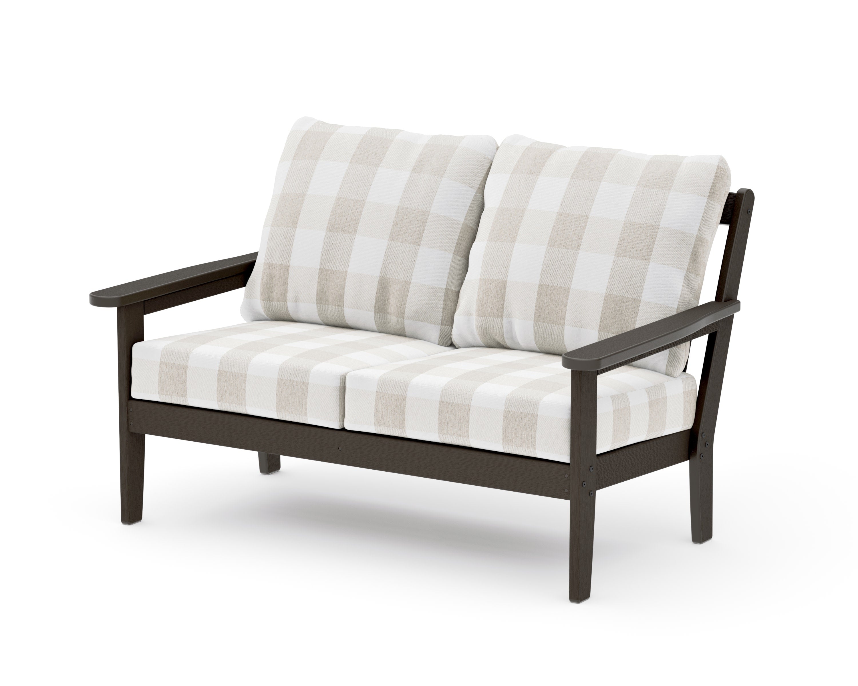 Cottage Deep Seating Loveseat in Vintage Coffee / Buffalo Plaid Dune Burlap