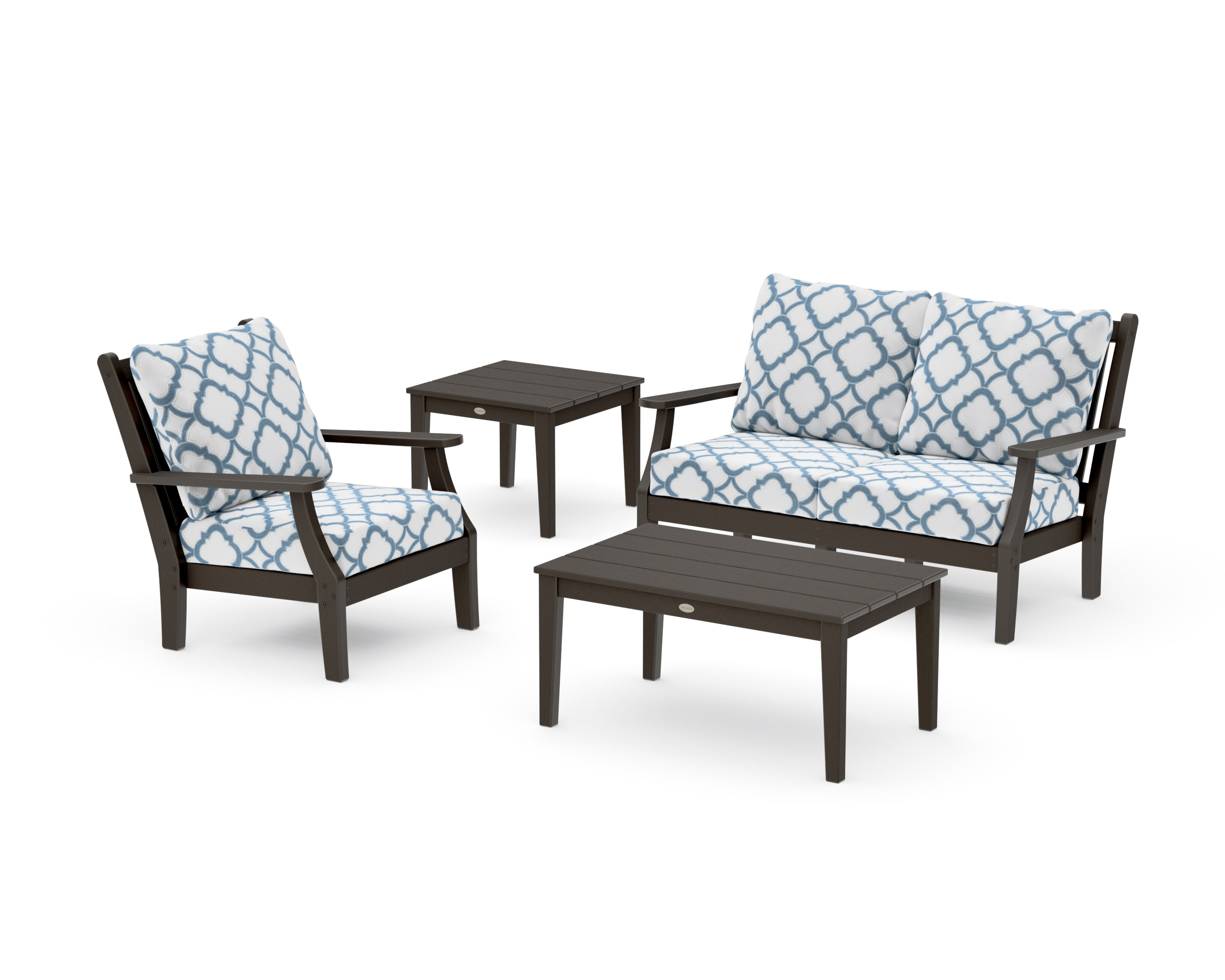 Wovendale 4-Piece Deep Seating Set in Vintage Coffee / Trellis Sky Blue