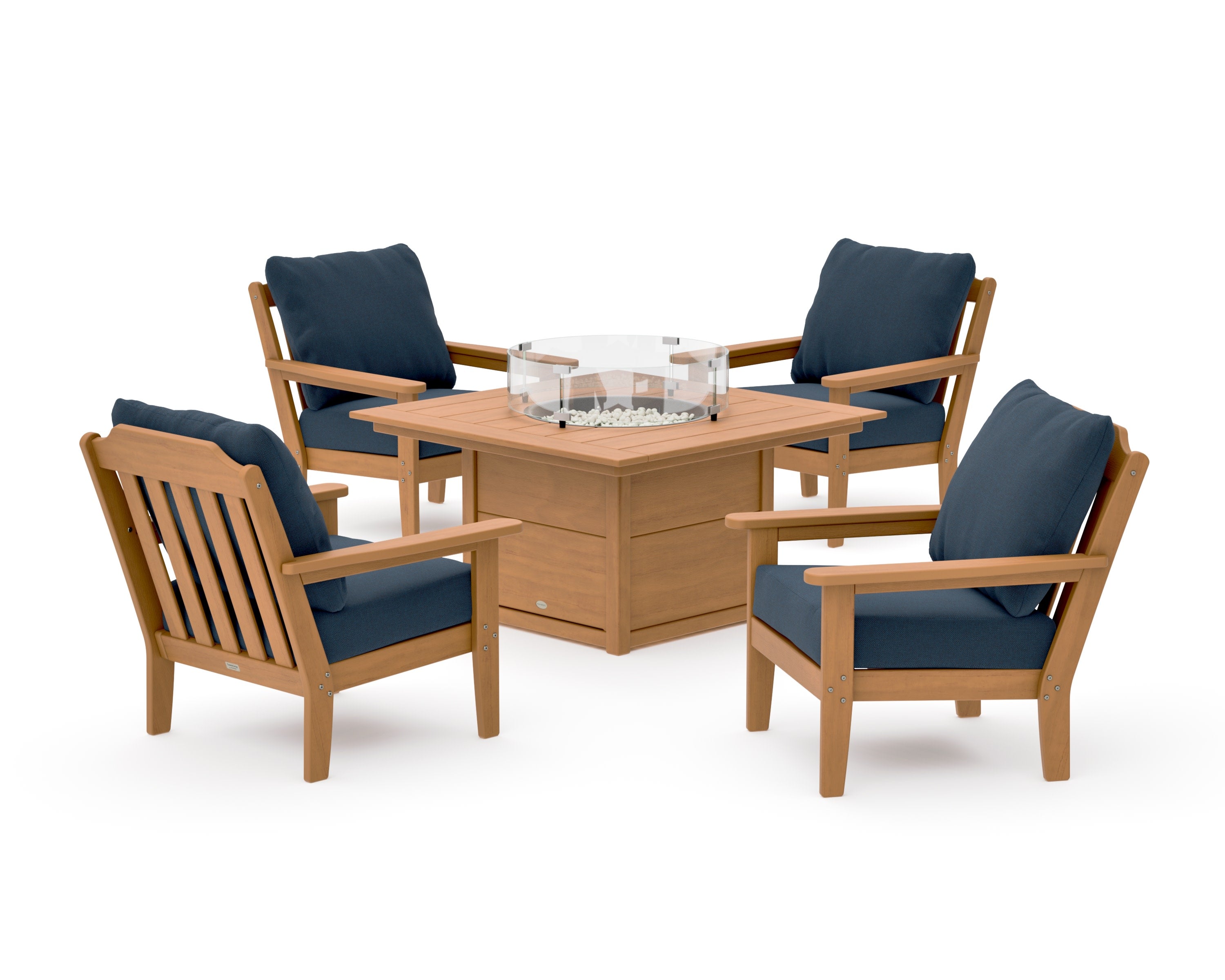 Cottage 5-Piece Deep Seating Set with Fire Pit Table in Natural / Marine Indigo