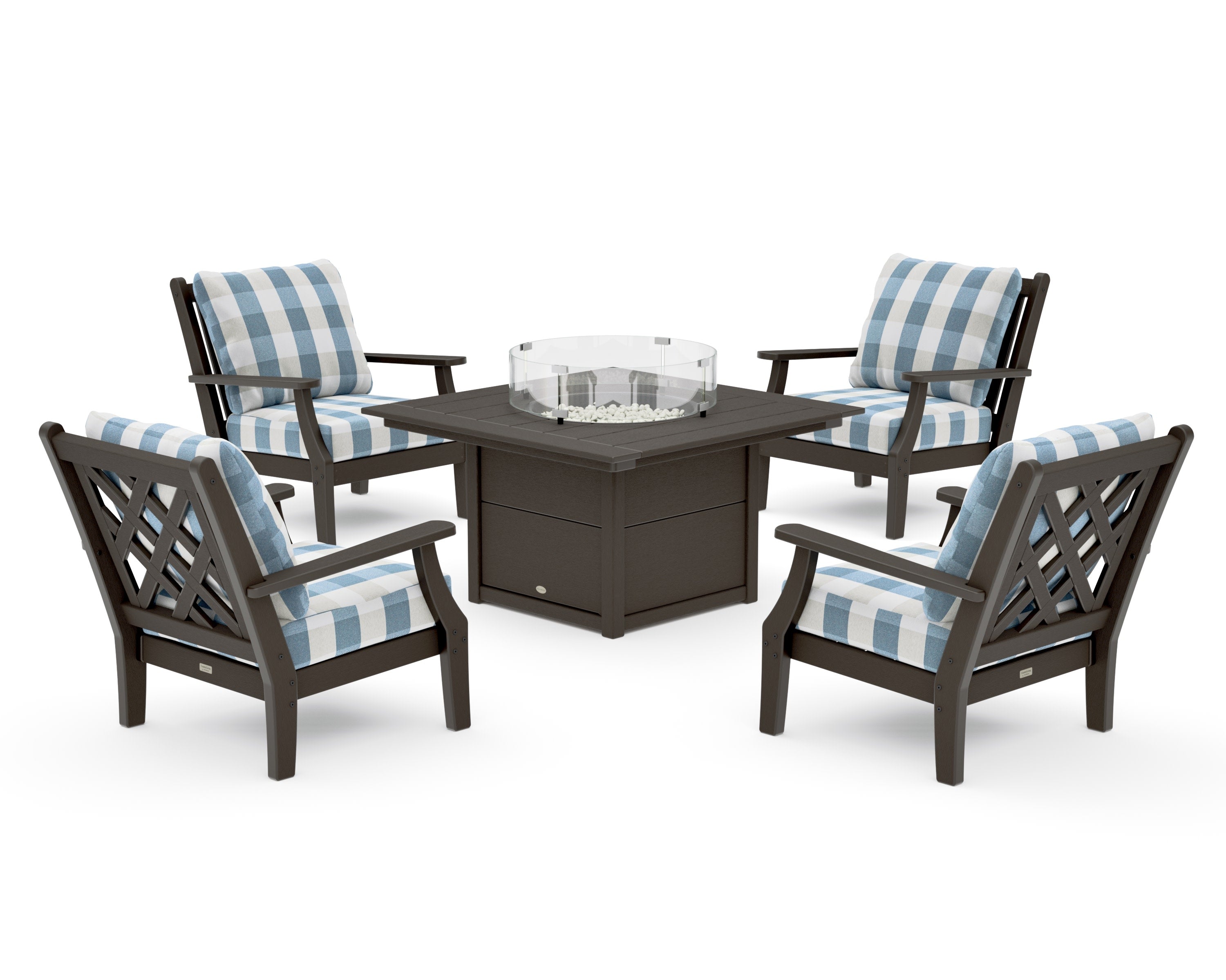 Wovendale 5-Piece Deep Seating Set with Fire Pit Table in Vintage Coffee / Buffalo Plaid Sky Blue