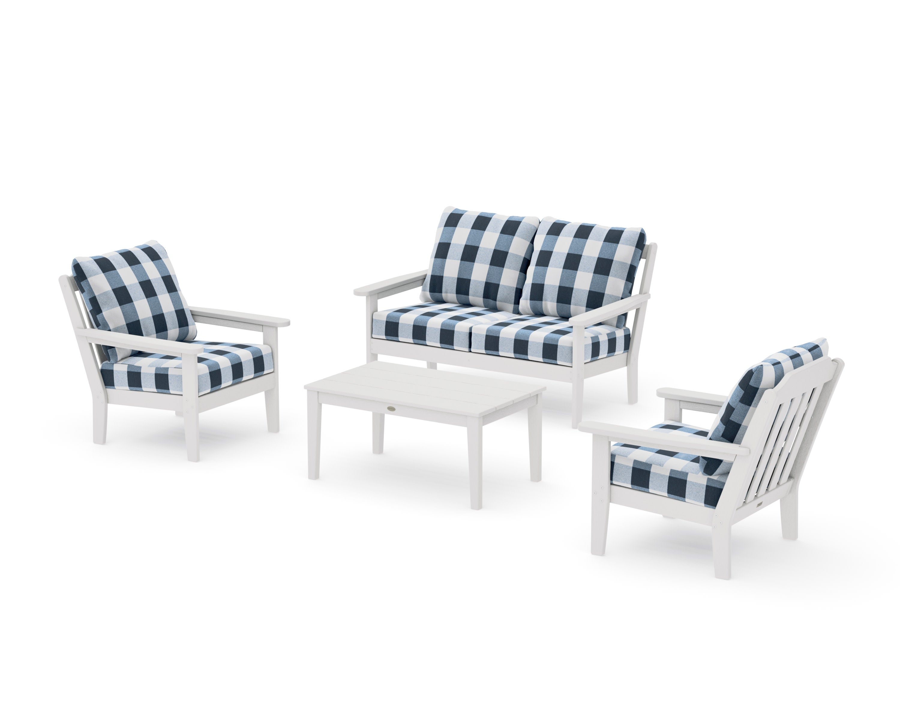 Cottage 4-Piece Deep Seating Set with Loveseat in Vintage White / Buffalo Plaid Marine Indigo