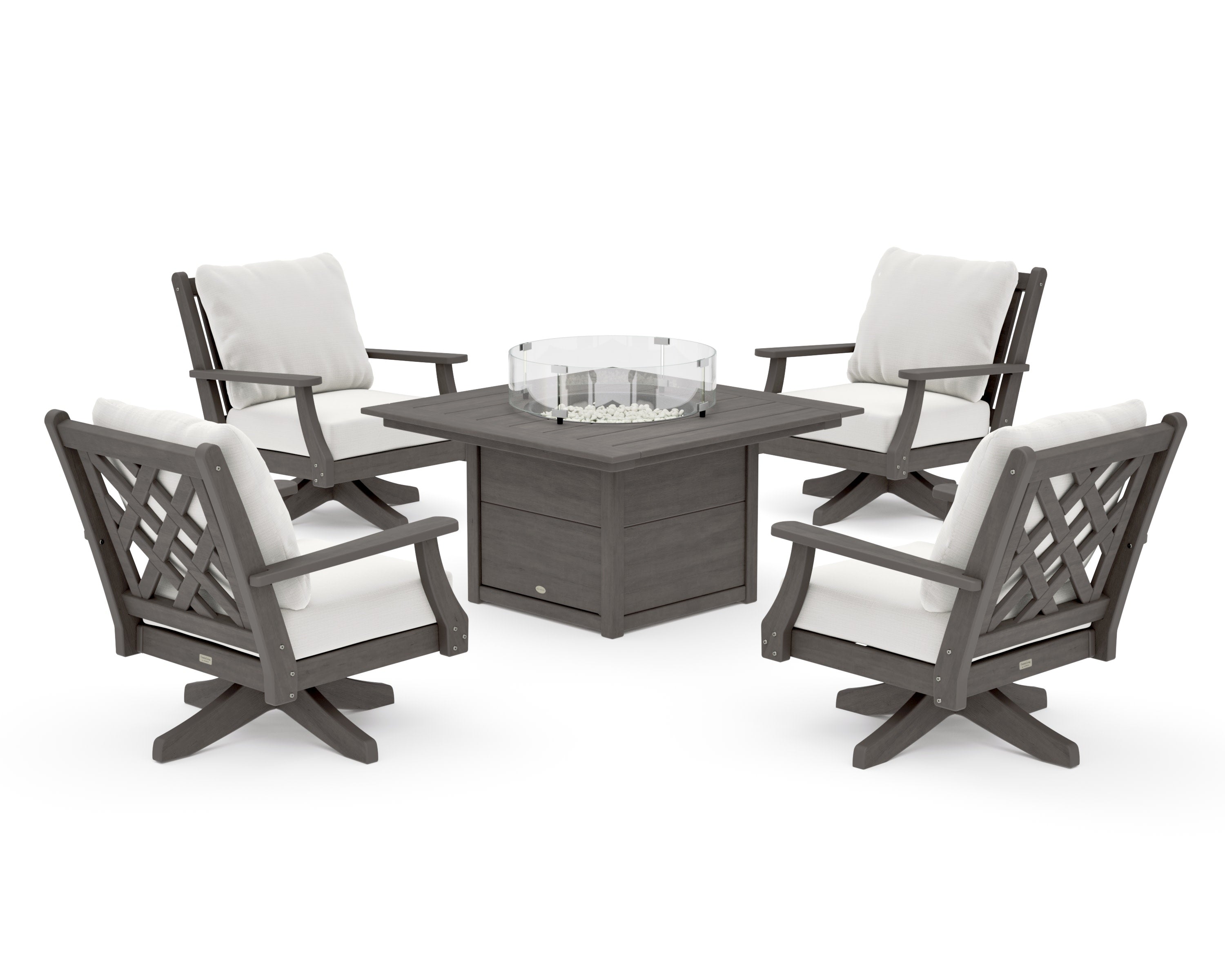Wovendale 5-Piece Deep Seating Swivel Conversation Set with Fire Pit Table in Driftwood / Natural Linen