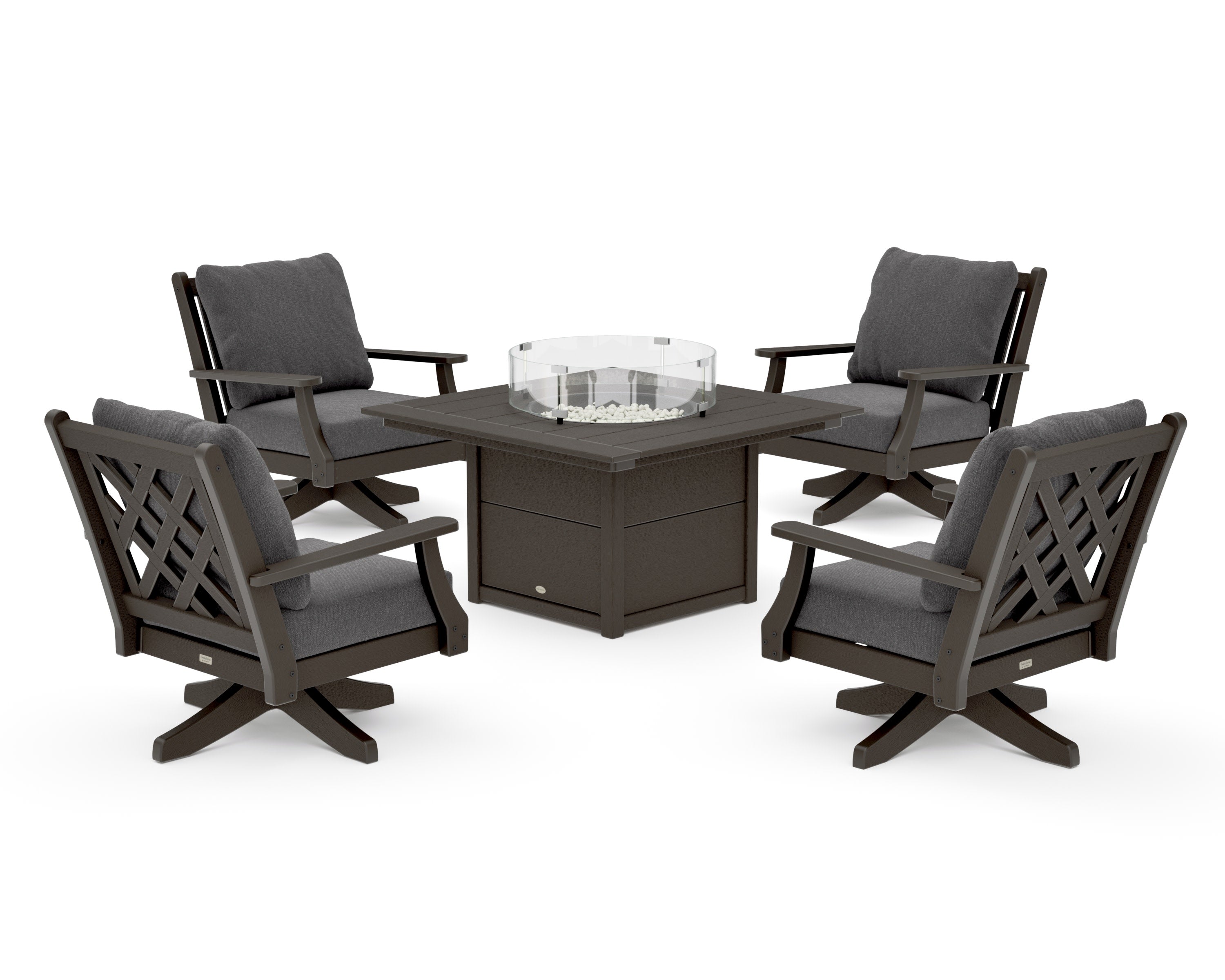 Wovendale 5-Piece Deep Seating Swivel Conversation Set with Fire Pit Table in Vintage Coffee / Ash Charcoal