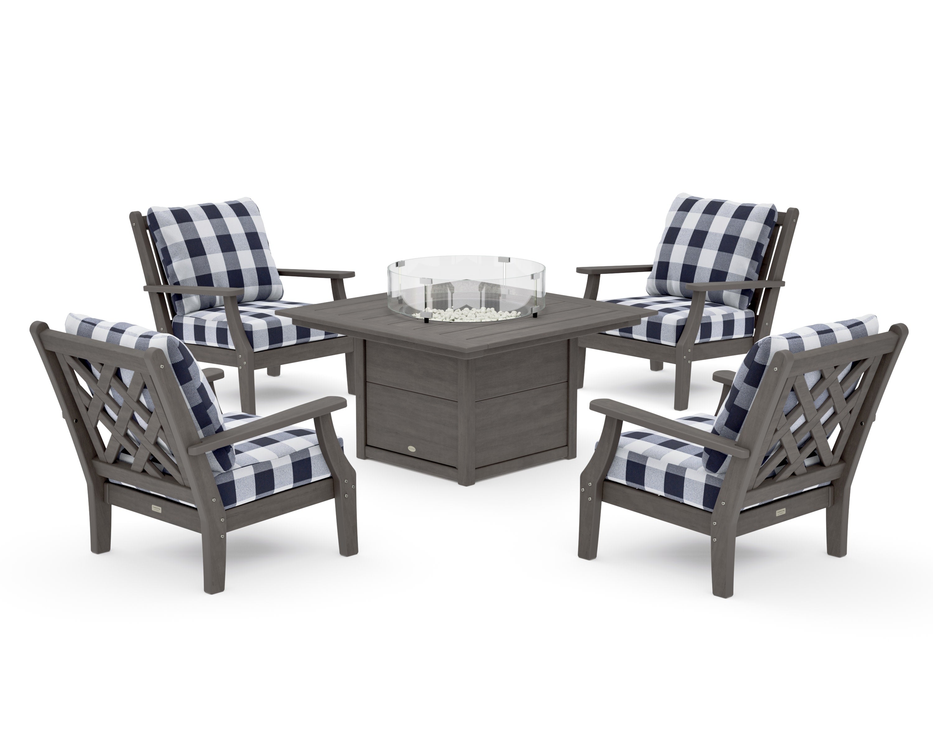 Wovendale 5-Piece Deep Seating Set with Fire Pit Table in Driftwood / Buffalo Plaid Navy