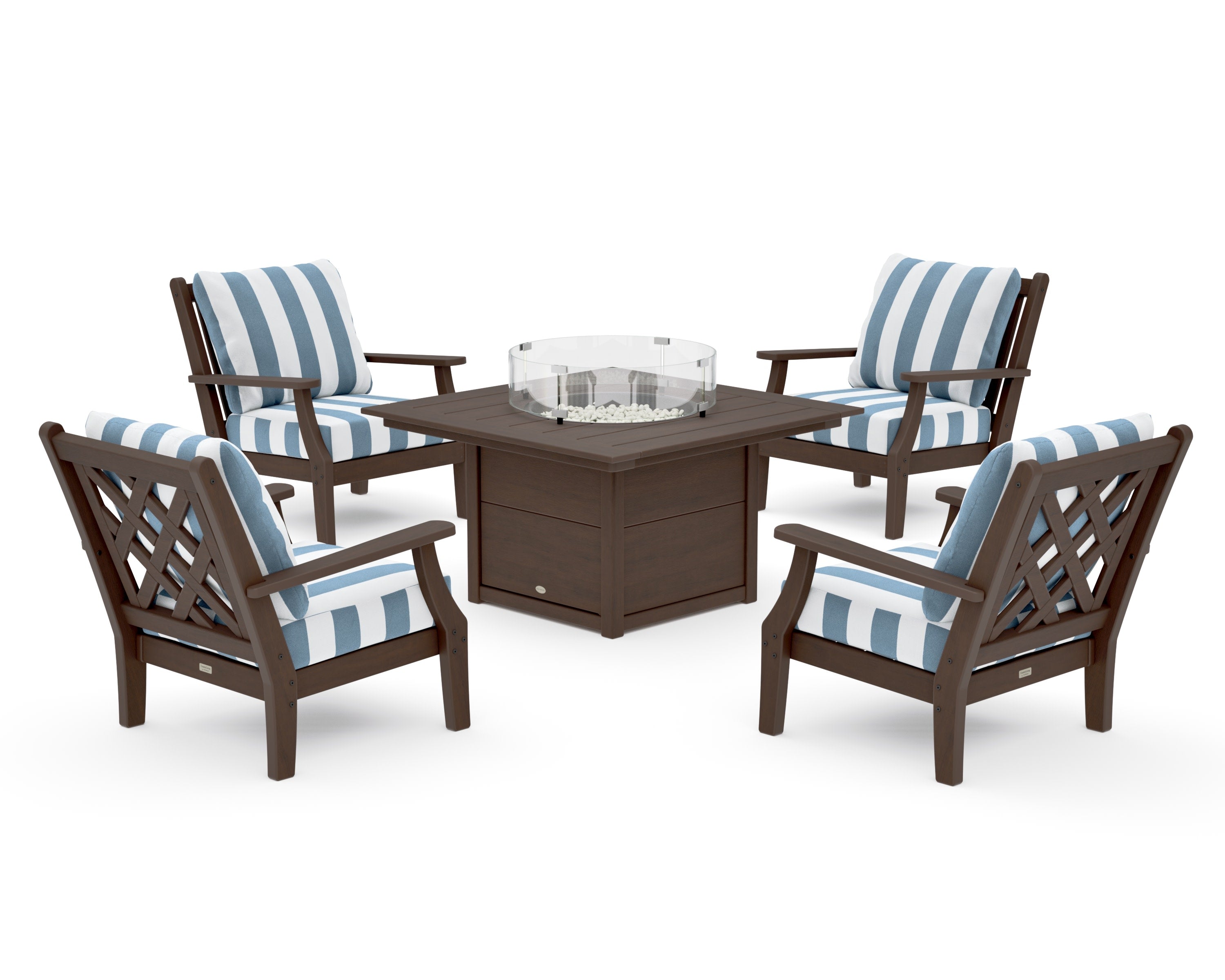 Wovendale 5-Piece Deep Seating Set with Fire Pit Table in Kona / Cabana Stripe Sky Blue