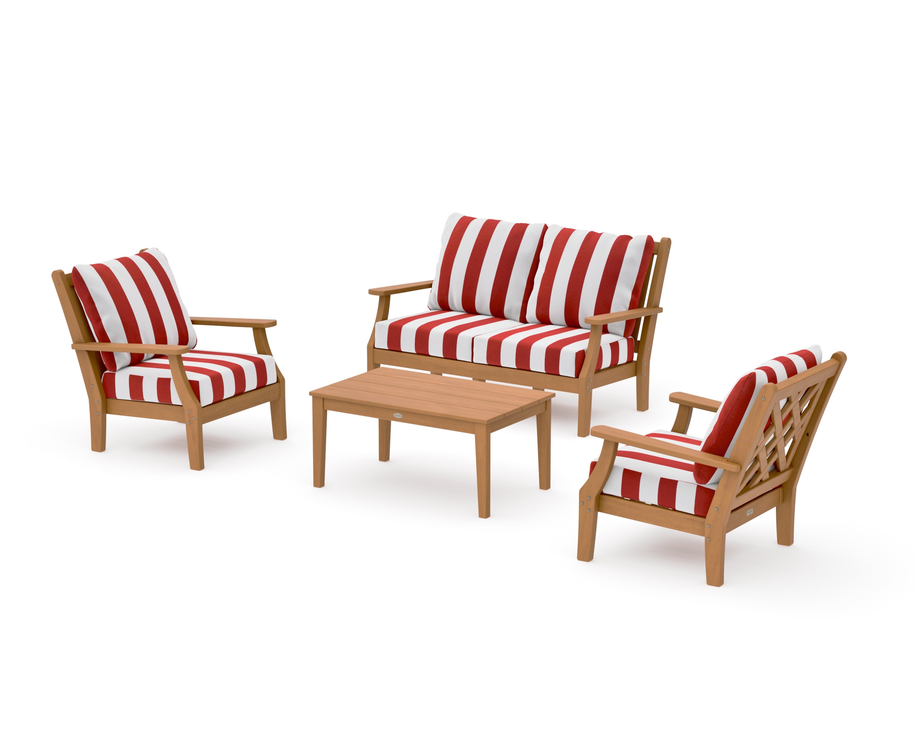 Wovendale 4-Piece Deep Seating Set with Loveseat in Natural / Cabana Stripe Crimson