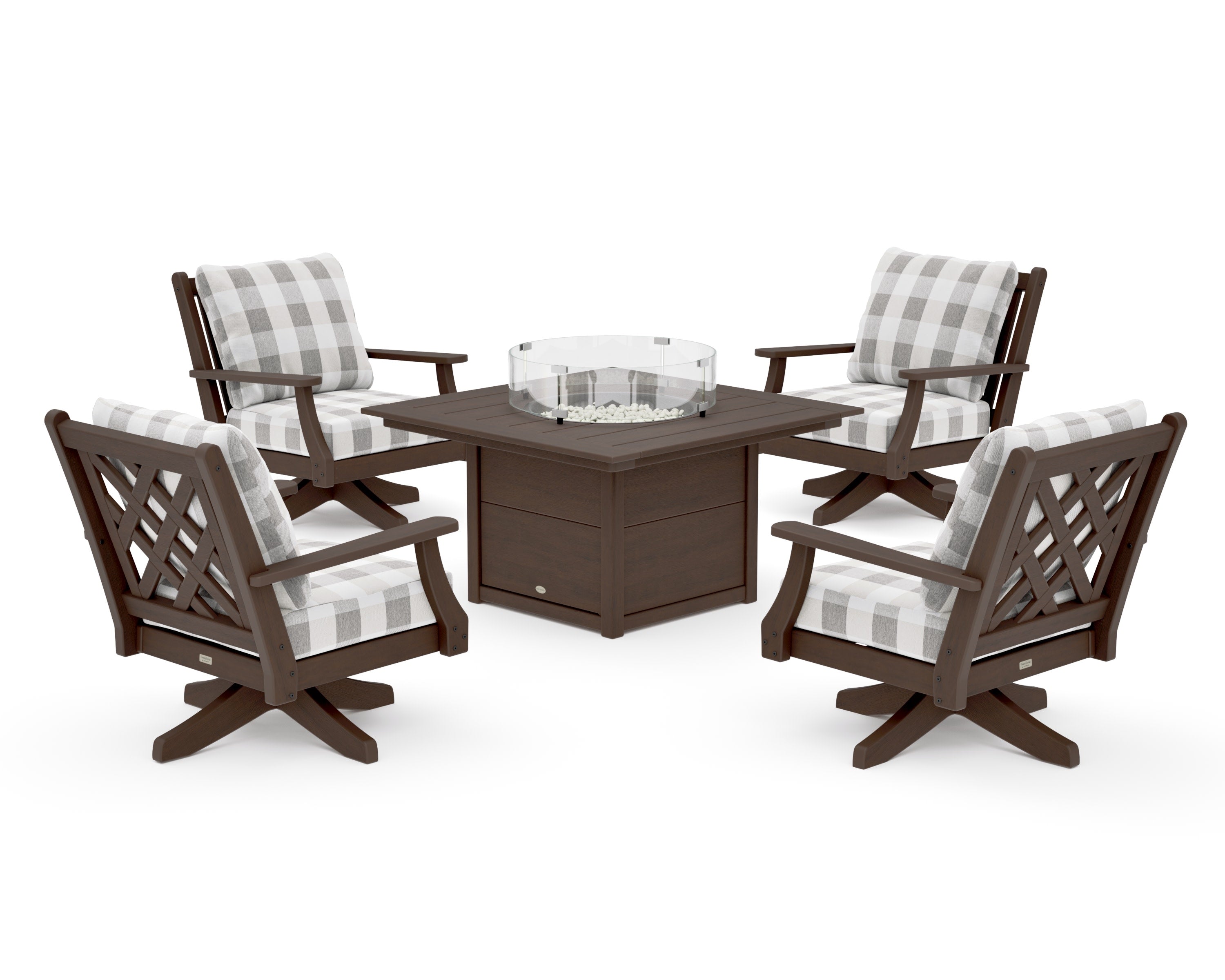 Wovendale 5-Piece Deep Seating Swivel Conversation Set with Fire Pit Table in Kona / Buffalo Plaid Grey Mist