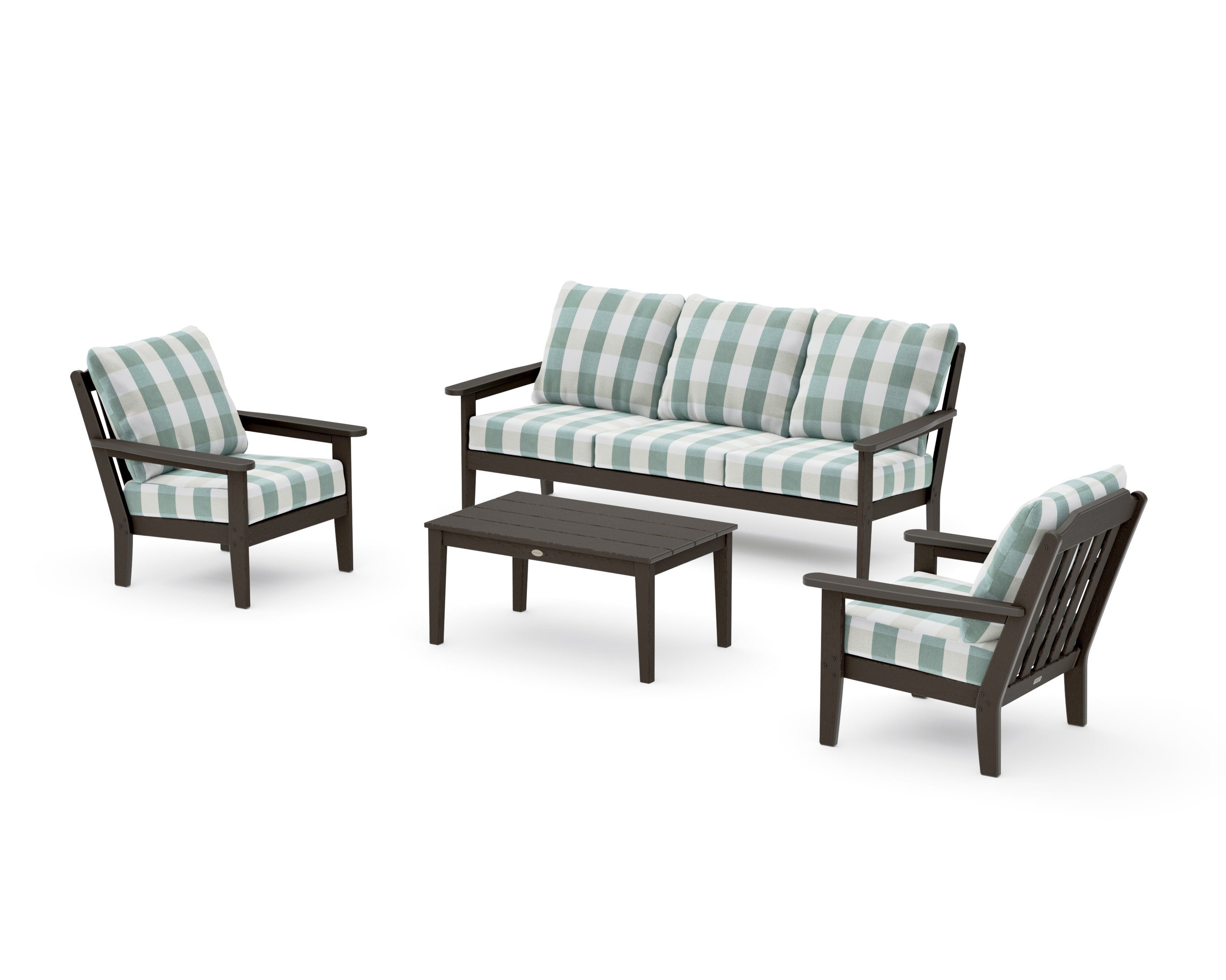 Cottage 4-Piece Deep Seating Set with Sofa in Vintage Coffee / Buffalo Plaid Glacier Spa