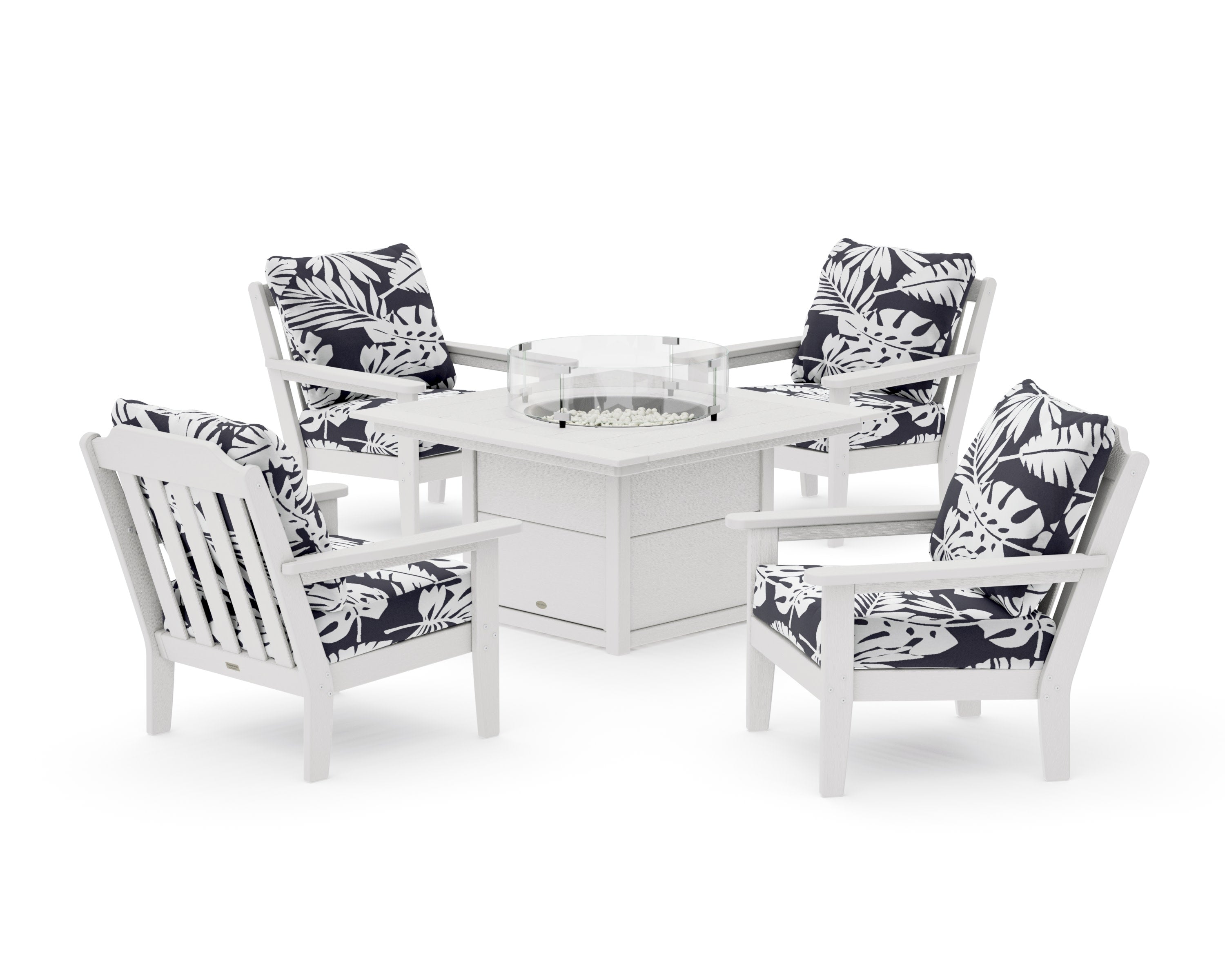 Cottage 5-Piece Deep Seating Set with Fire Pit Table in Vintage White / Leaf Navy
