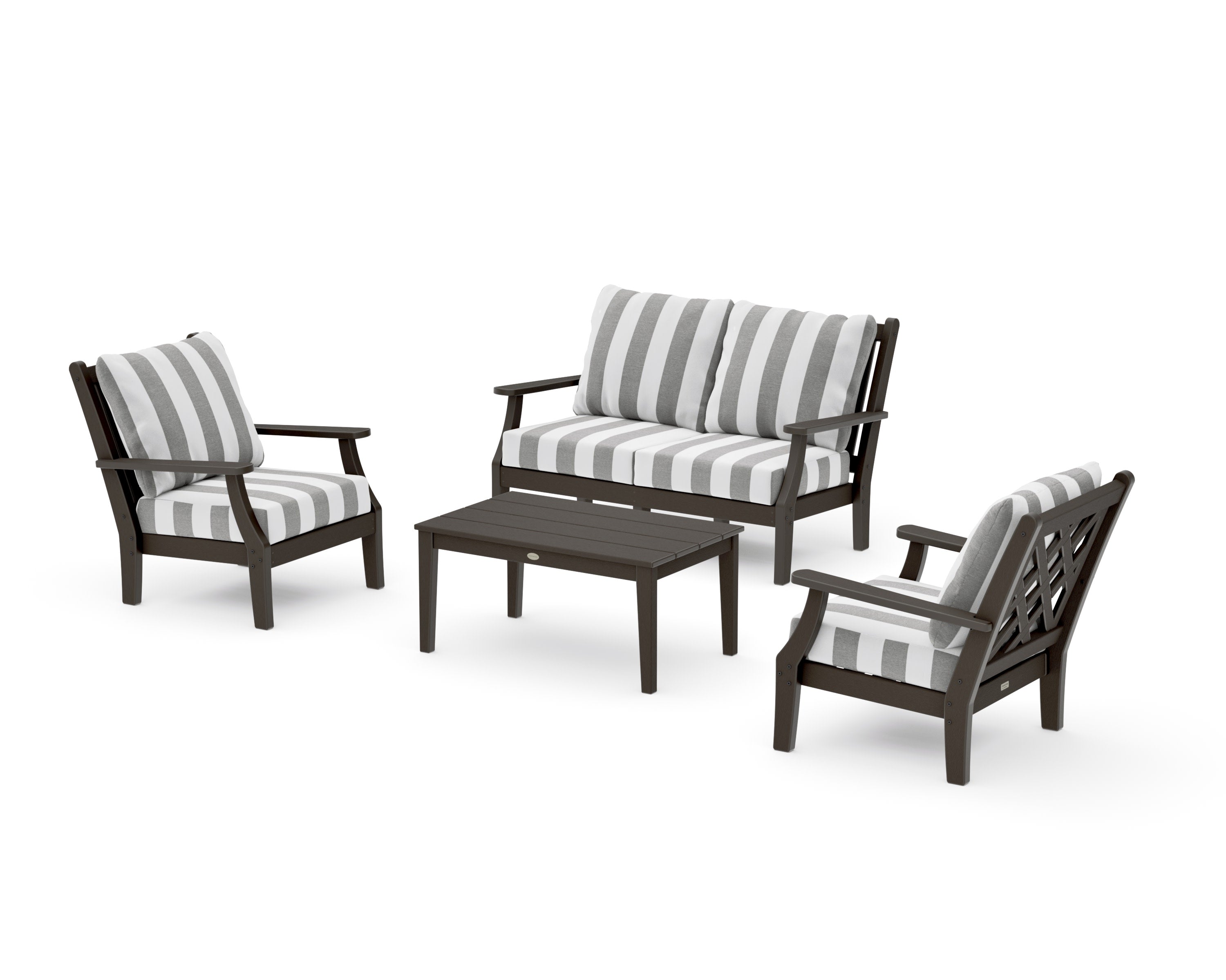 Wovendale 4-Piece Deep Seating Set with Loveseat in Vintage Coffee / Cabana Stripe Grey Mist