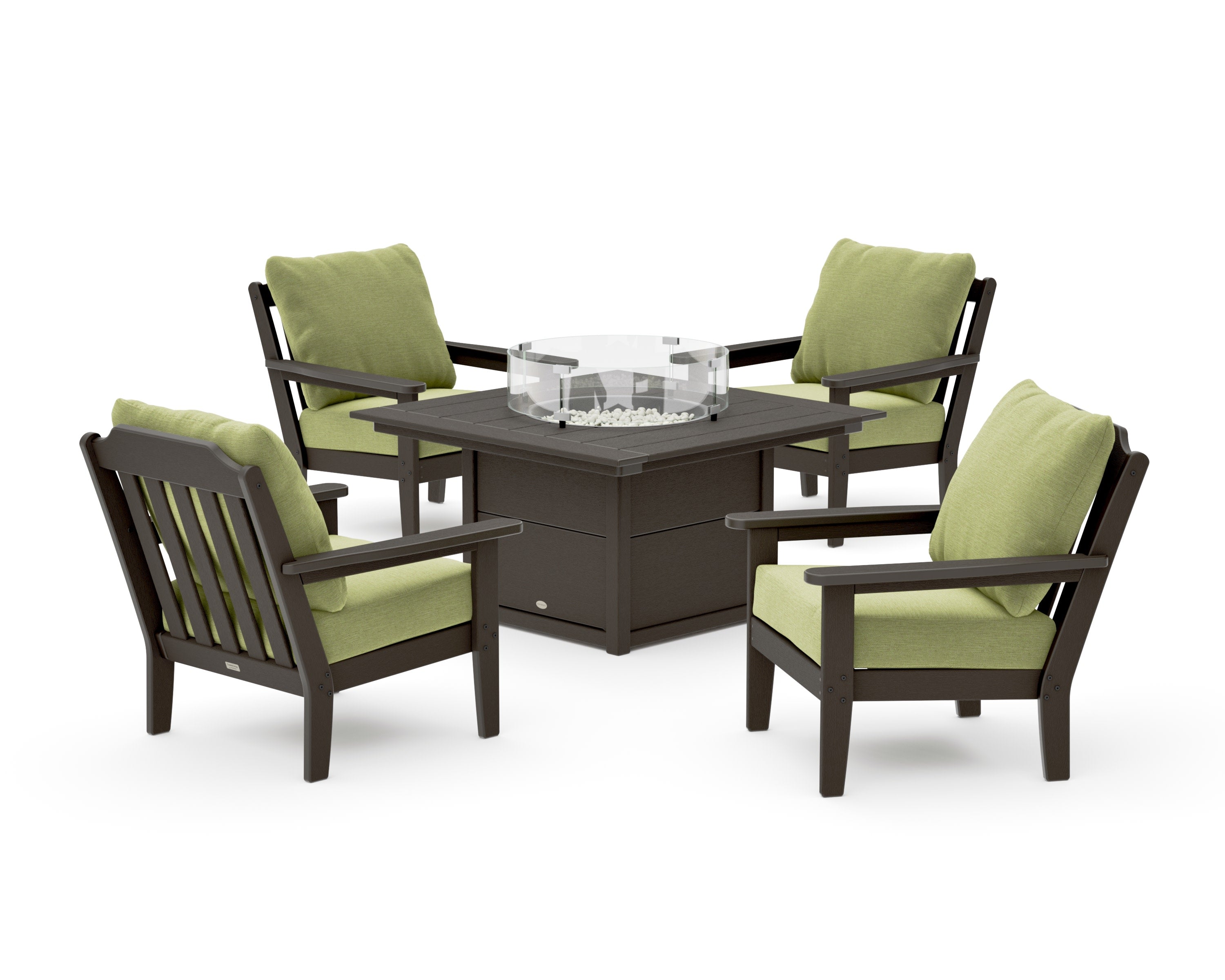 Cottage 5-Piece Deep Seating Set with Fire Pit Table in Vintage Coffee / Chartreuse Boucle