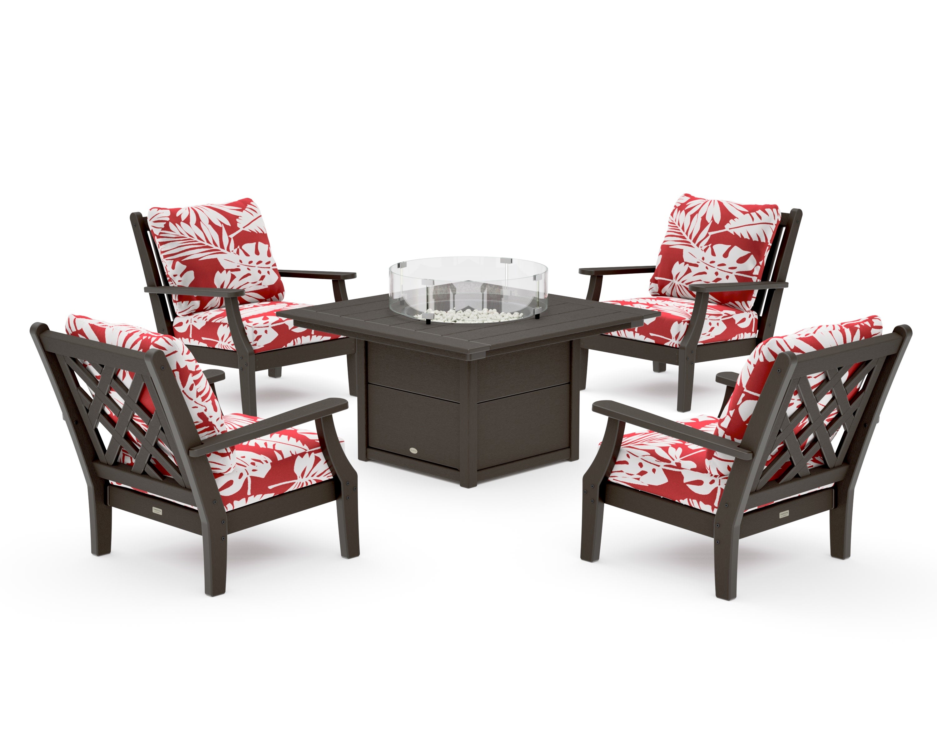 Wovendale 5-Piece Deep Seating Set with Fire Pit Table in Vintage Coffee / Leaf Crimson