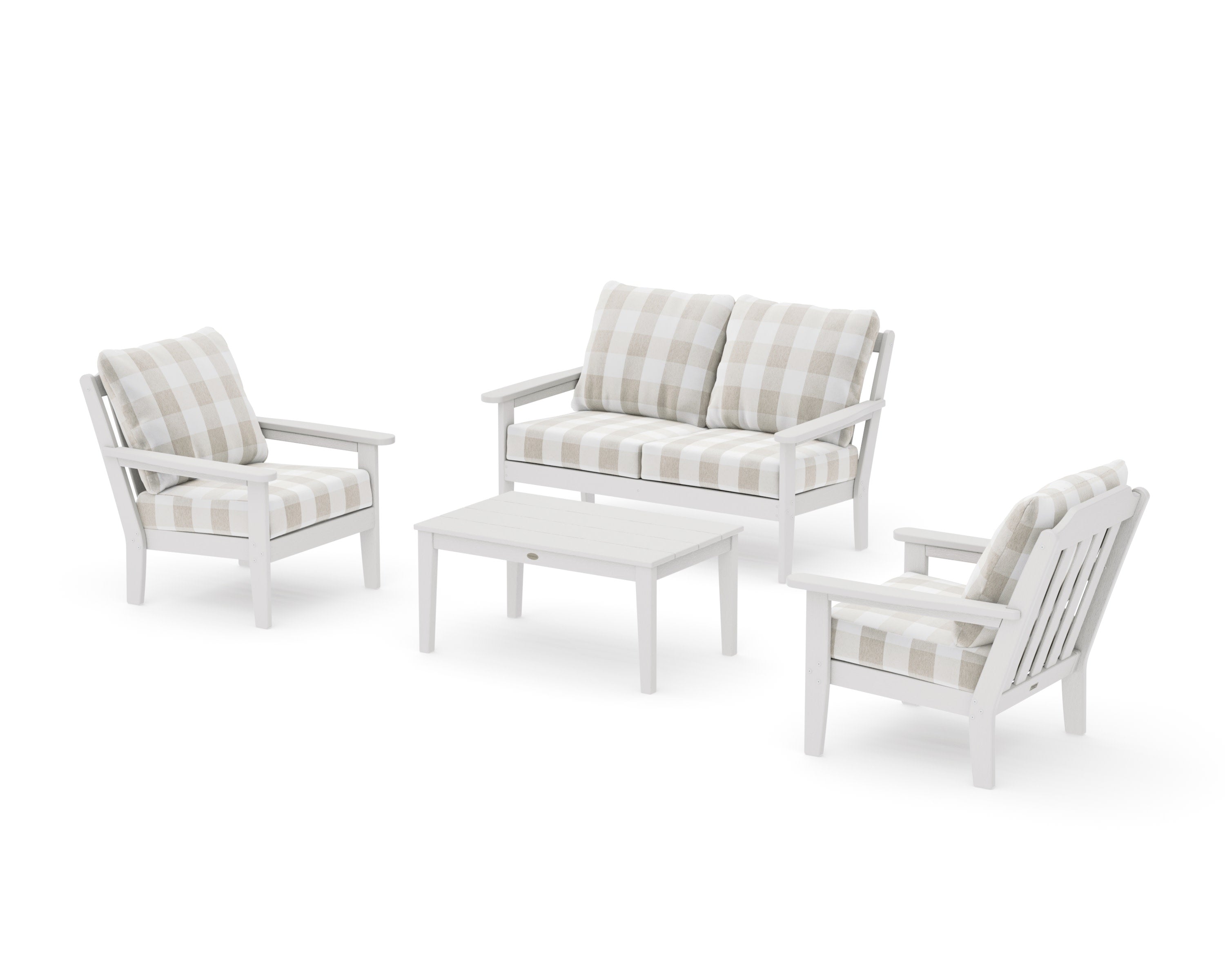 Cottage 4-Piece Deep Seating Set with Loveseat in Vintage White / Buffalo Plaid Dune Burlap
